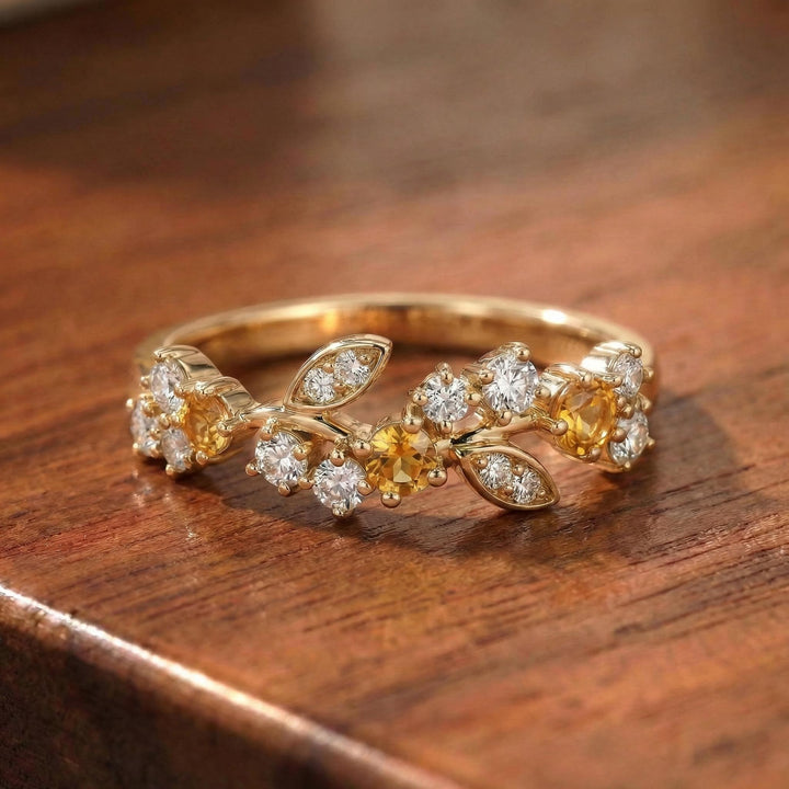 Citrine Leaf Wedding Band, Nature Inspired Floral Cluster Ring for Her – November Birthstone Gift – 14K Gold Moissanite Jewelry