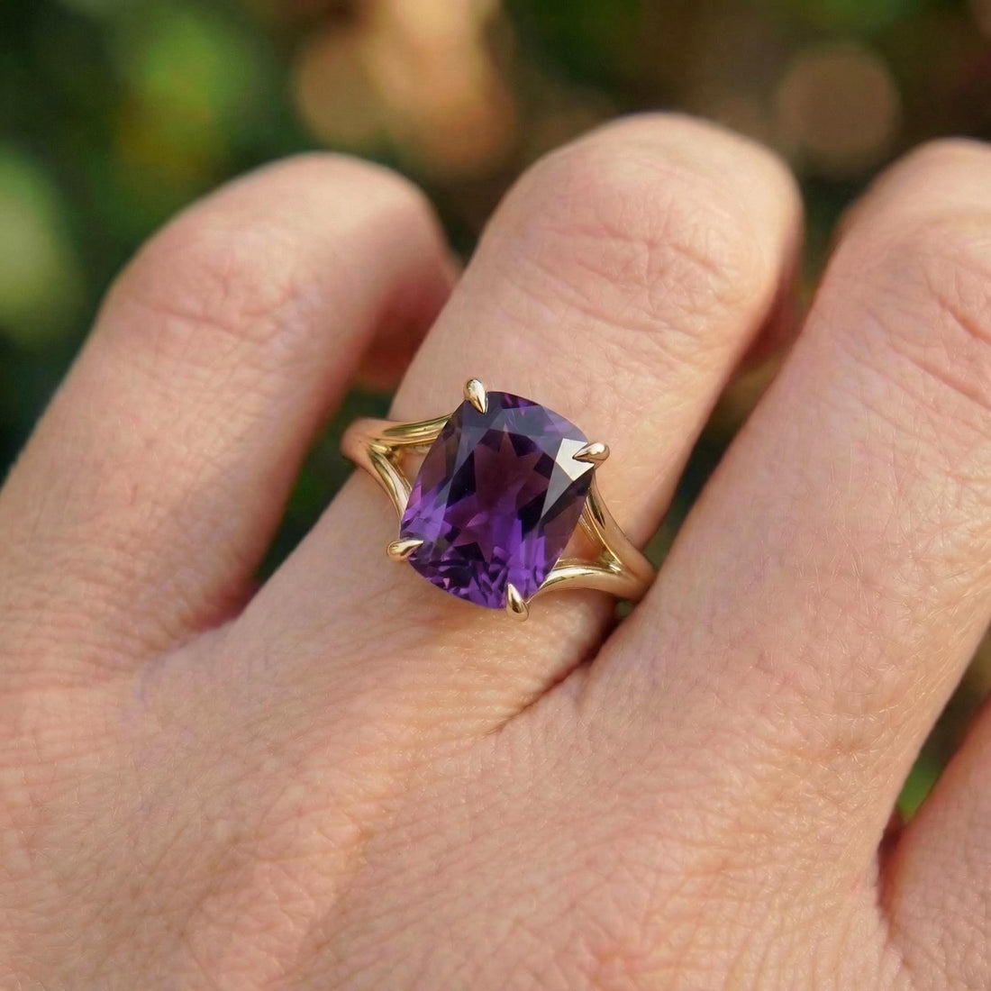 Cushion Cut Amethyst Engagement Ring, Modern Split Shank Solitaire, Vintage Inspired Anniversary Gift for Her – February Birthstone Jewelry