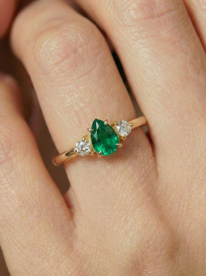 0.50ct Emerald Birthstone Ring, Pear Cut Vintage Engagement Ring, May Gemstone, Teardrop Promise Ring