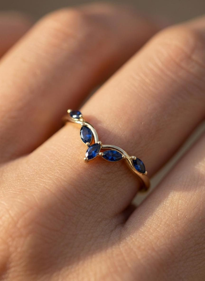 Curved Blue Sapphire Marquise Cluster Band, 18K Gold September Birthstone V-Shaped Ring, Dainty Blue Sapphire Enhancer