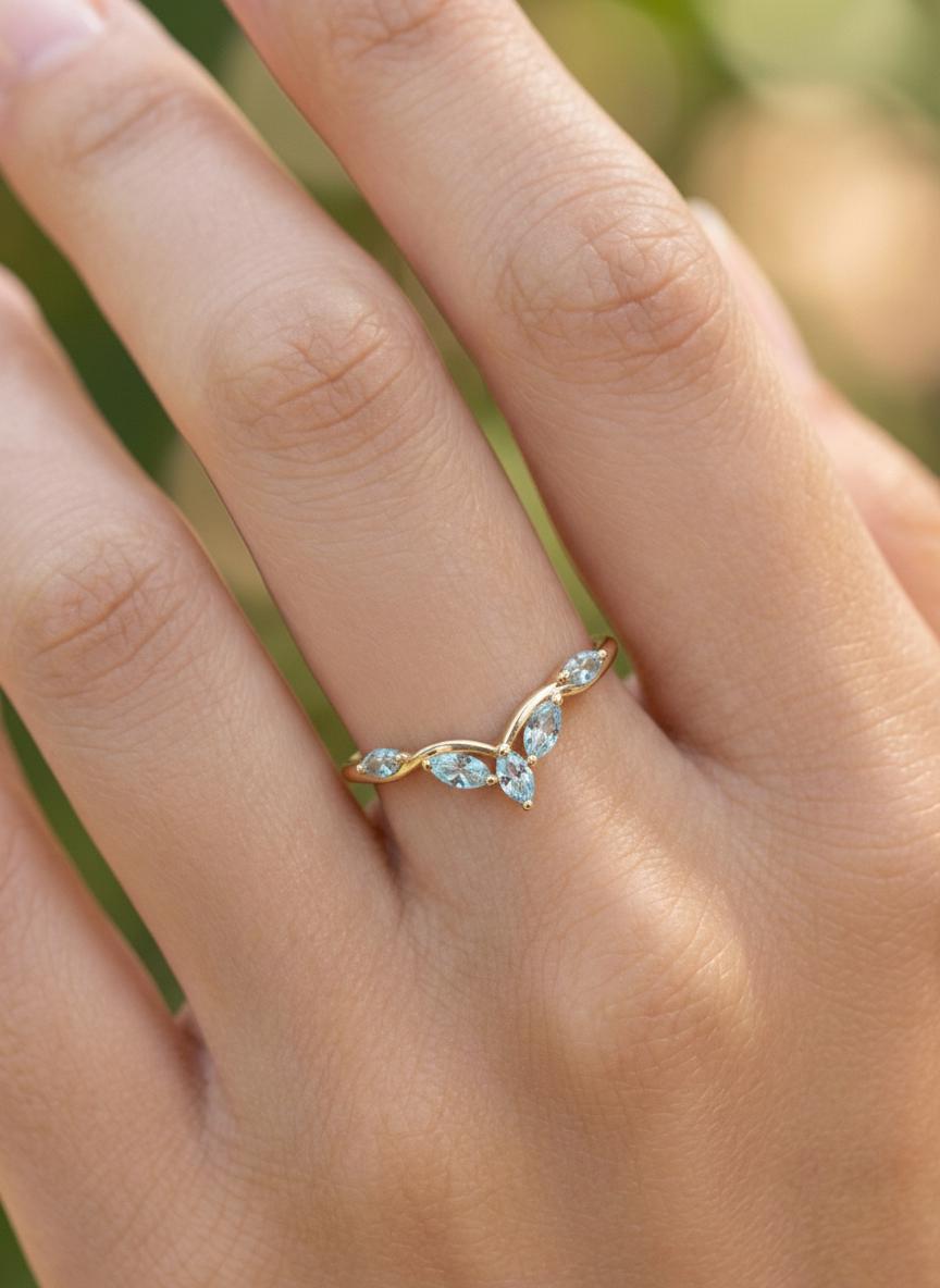 Curved Aquamarine Marquise Cluster Band, 18K Gold March Birthstone V-Shaped Ring, Dainty Blue Aquamarine Enhancer