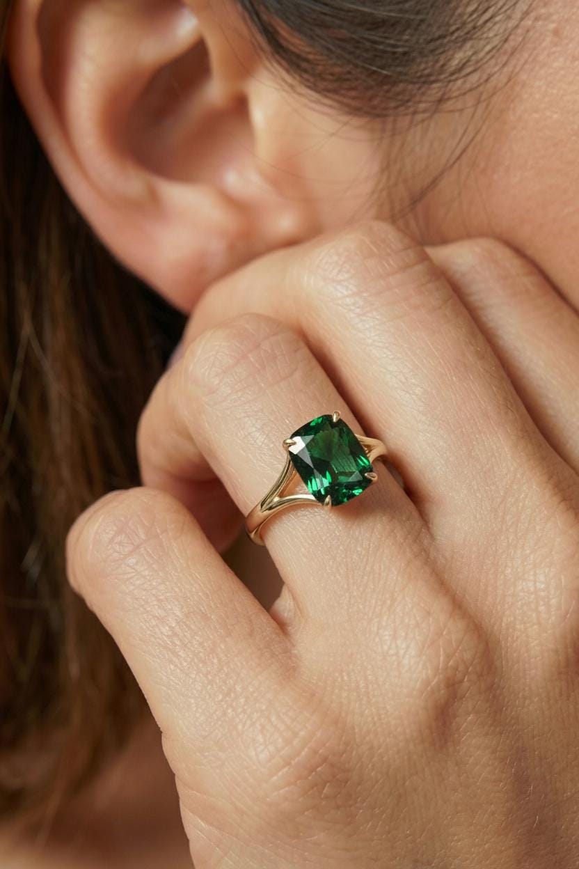 Cushion Cut Green Sapphire Engagement Ring, Modern Split Shank Solitaire, Vintage Inspired Anniversary Gift for Her Birthstone Stacking Ring