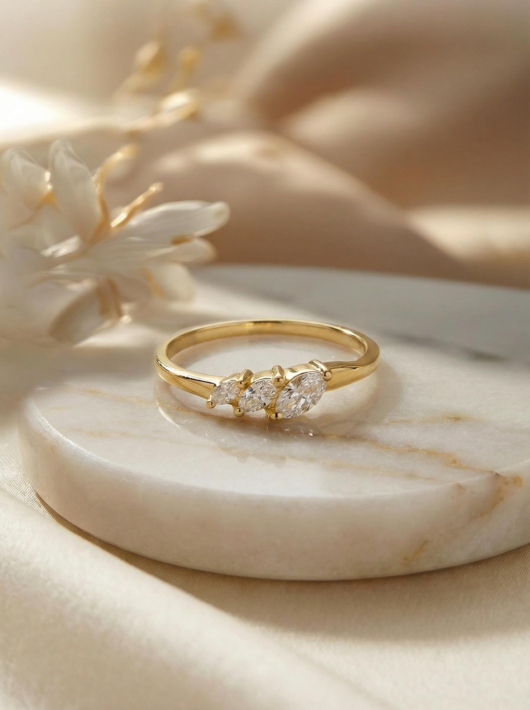 Moissanite Curved Wedding Band, 18K Gold Plated Marquise Stacking Ring for Women, April Birthstone, Promise Ring Gift for Her
