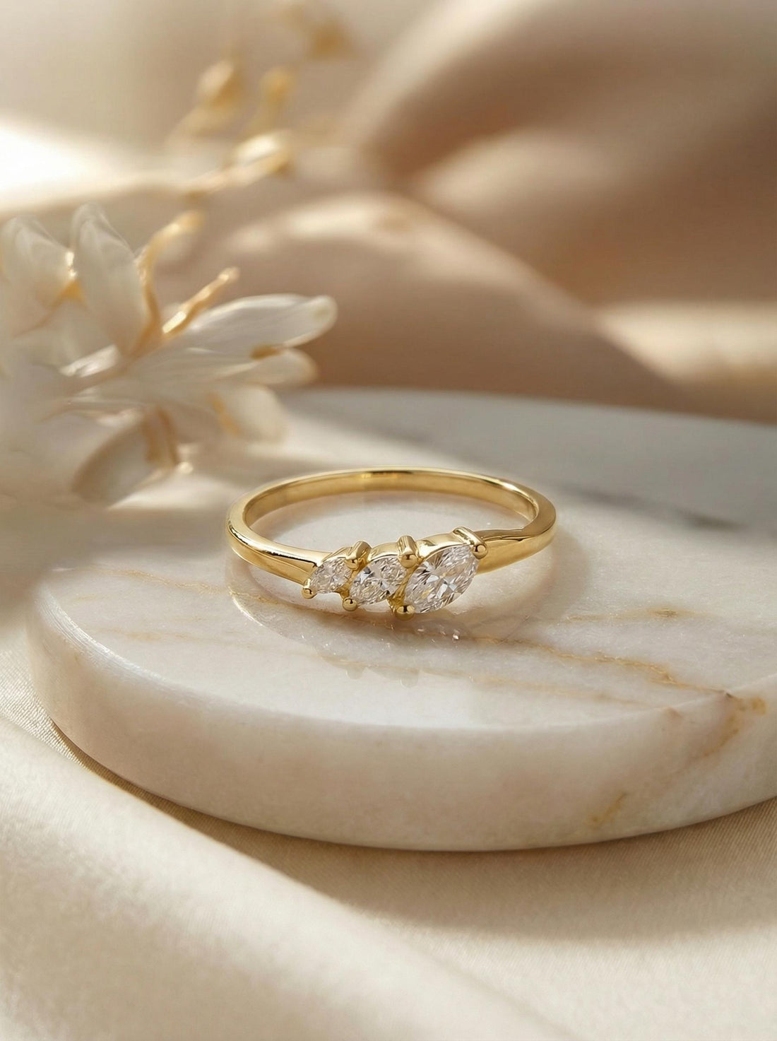 Moissanite Curved Wedding Band, 18K Gold Plated Marquise Stacking Ring for Women, April Birthstone, Promise Ring Gift for Her