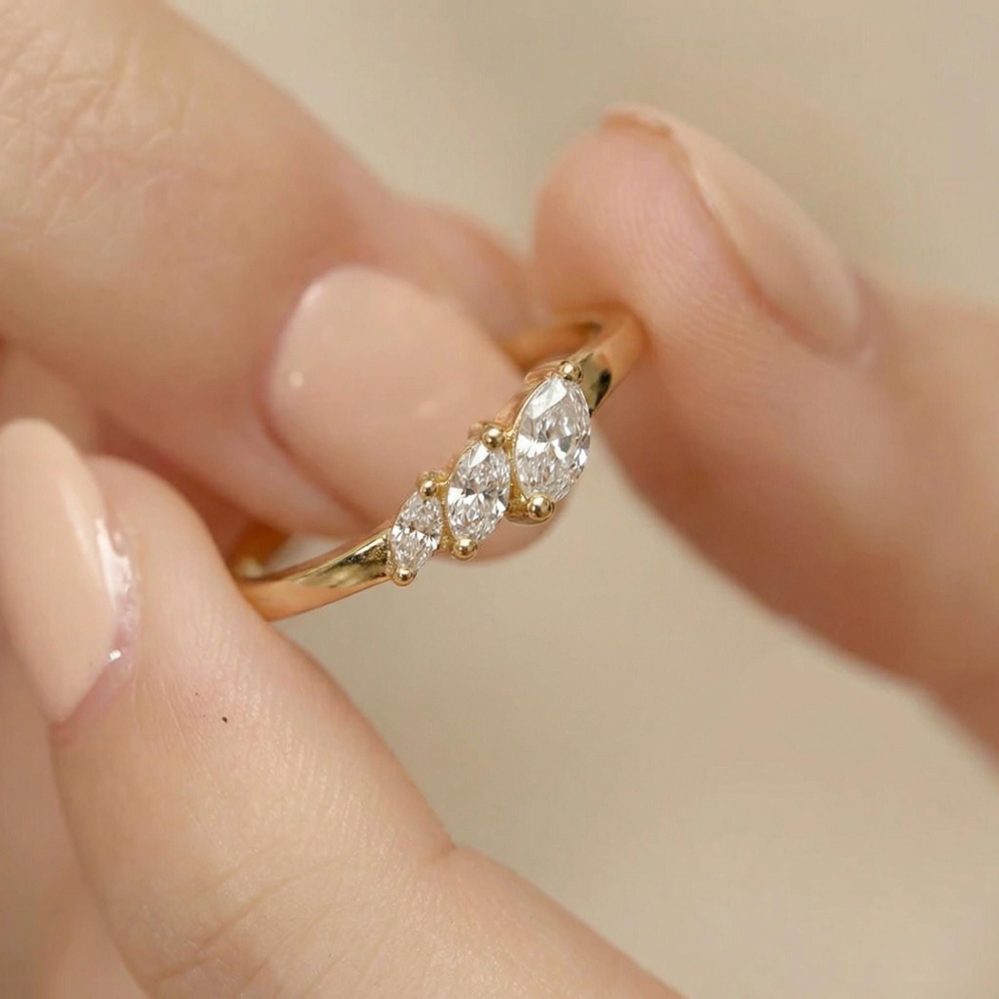 Moissanite Curved Wedding Band, 18K Gold Plated Marquise Stacking Ring for Women, April Birthstone, Promise Ring Gift for Her
