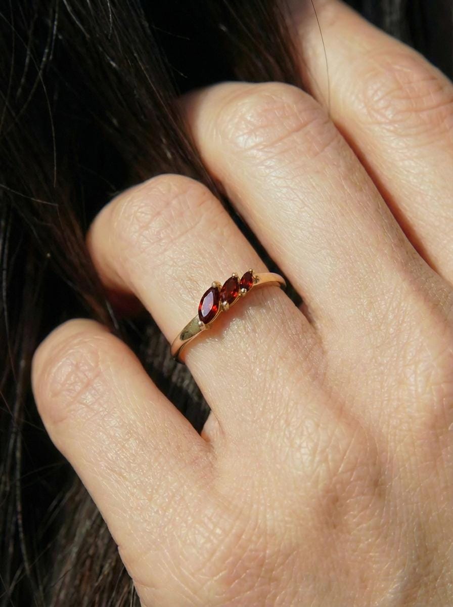 Garnet Curved Wedding Band, Marquise January Birthstone Ring, 18K Gold Plated Stackable Bridal Band, Ring Enhancer for Her