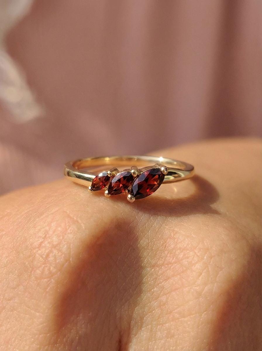Garnet Curved Wedding Band, Marquise January Birthstone Ring, 18K Gold Plated Stackable Bridal Band, Ring Enhancer for Her