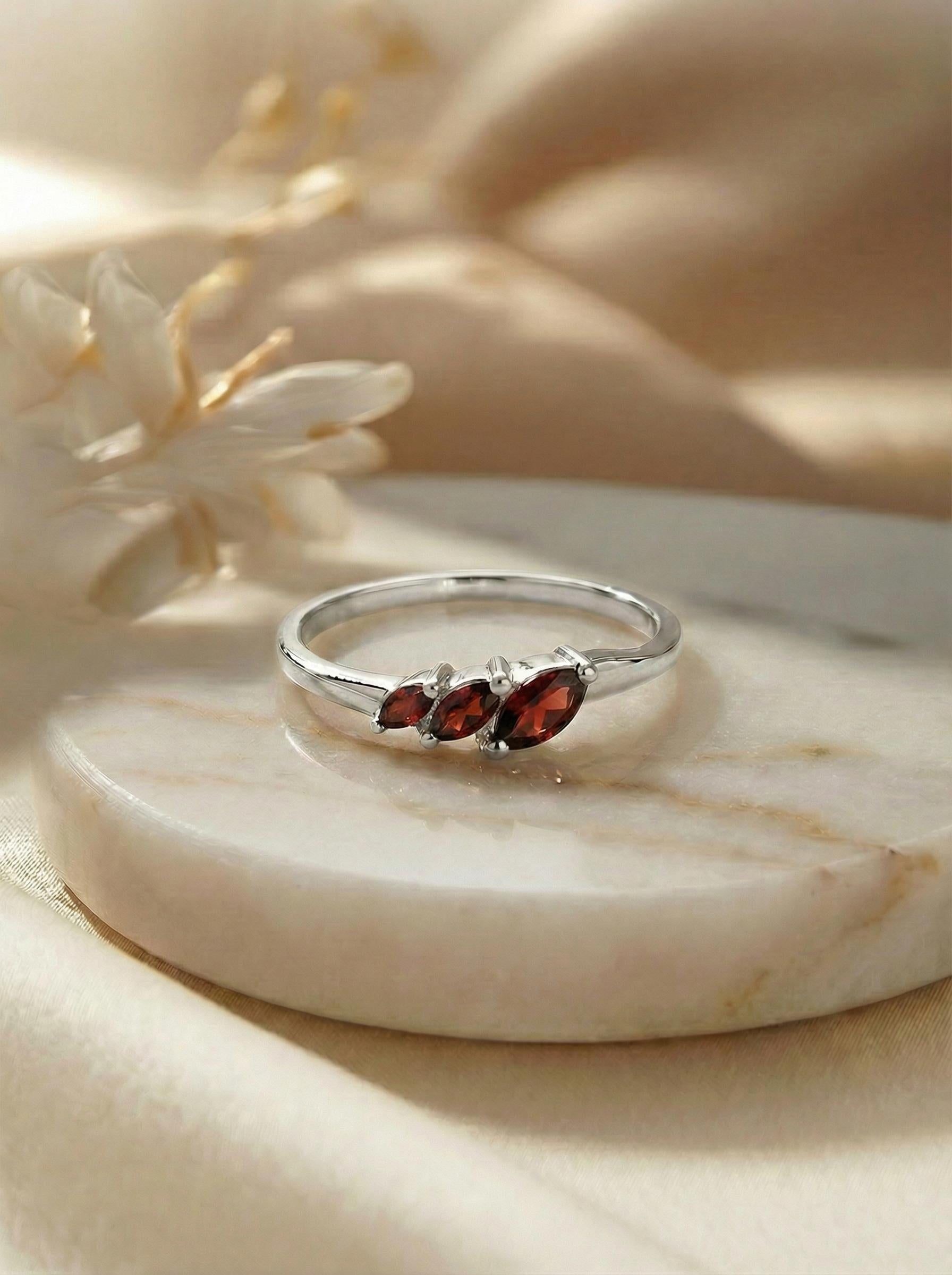 Garnet Curved Wedding Band, Marquise January Birthstone Ring, 18K Gold Plated Stackable Bridal Band, Ring Enhancer for Her