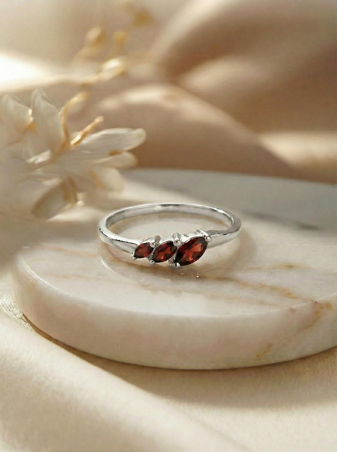 Garnet Curved Wedding Band, Marquise January Birthstone Ring, 18K Gold Plated Stackable Bridal Band, Ring Enhancer for Her