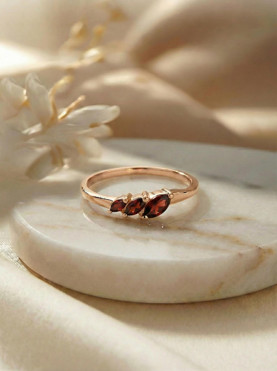 Garnet Curved Wedding Band, Marquise January Birthstone Ring, 18K Gold Plated Stackable Bridal Band, Ring Enhancer for Her