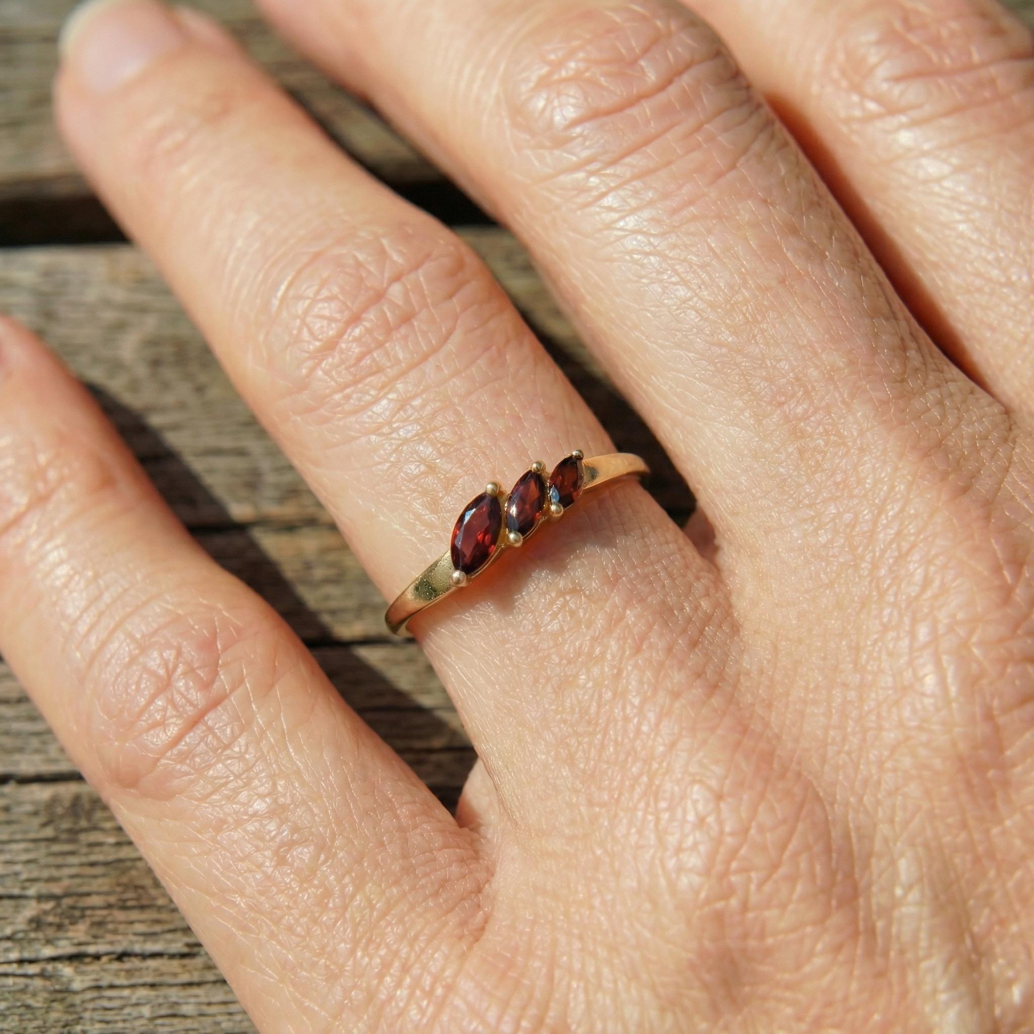 Garnet Curved Wedding Band, Marquise January Birthstone Ring, 18K Gold Plated Stackable Bridal Band, Ring Enhancer for Her