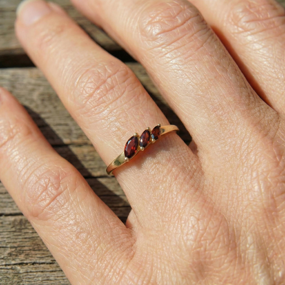 Garnet Curved Wedding Band, Marquise January Birthstone Ring, 18K Gold Plated Stackable Bridal Band, Ring Enhancer for Her