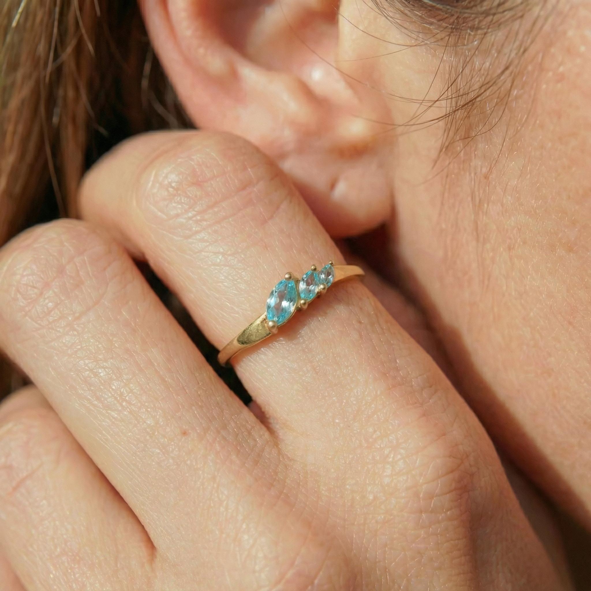 Aquamarine Curved Wedding Band, Marquise March Birthstone Ring, 18K Gold Plated Stackable Bridal Band, Ring Enhancer for Her
