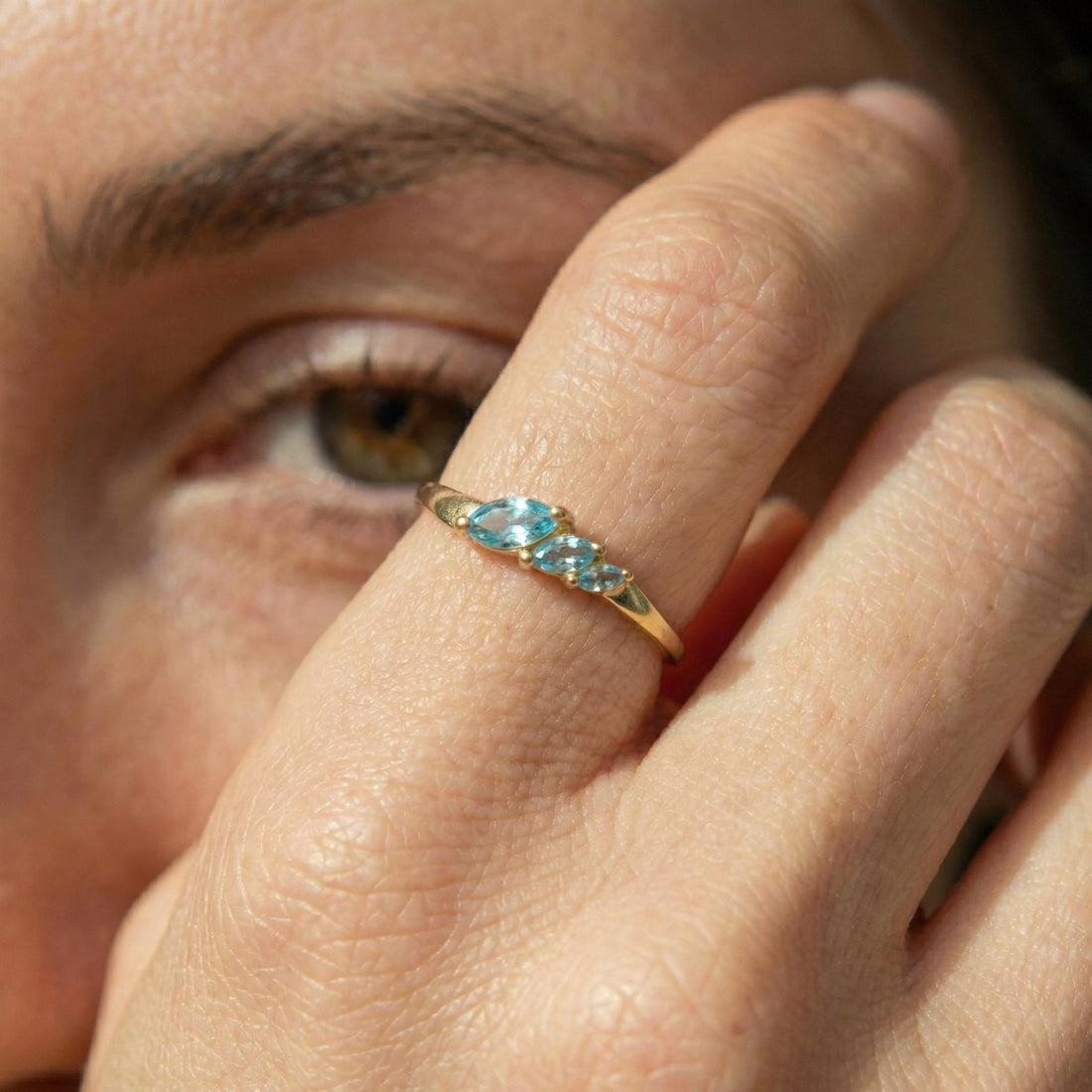 Aquamarine Curved Wedding Band, Marquise March Birthstone Ring, 18K Gold Plated Stackable Bridal Band, Ring Enhancer for Her