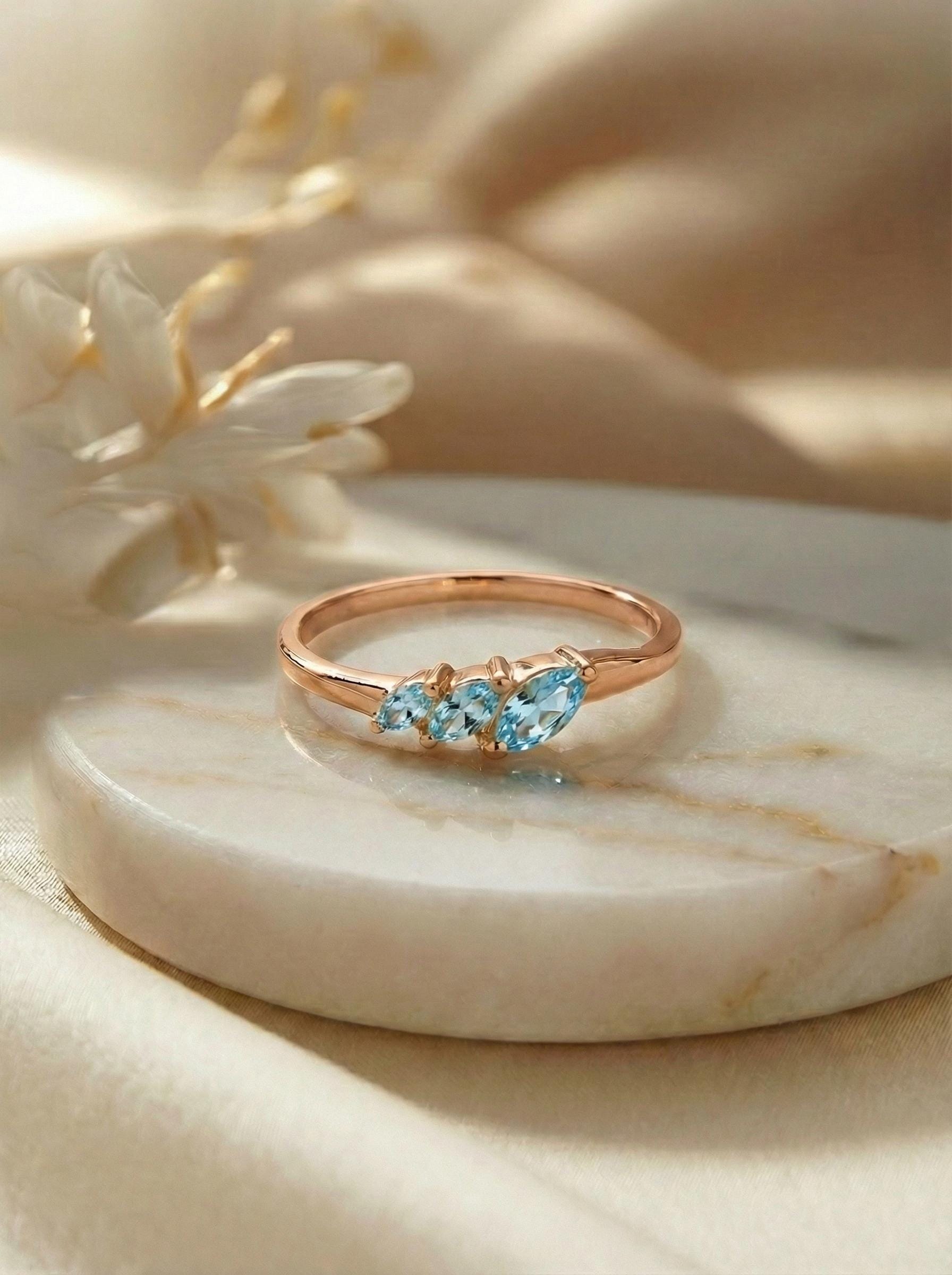 Aquamarine Curved Wedding Band, Marquise March Birthstone Ring, 18K Gold Plated Stackable Bridal Band, Ring Enhancer for Her