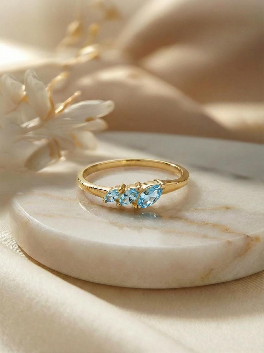 Aquamarine Curved Wedding Band, Marquise March Birthstone Ring, 18K Gold Plated Stackable Bridal Band, Ring Enhancer for Her