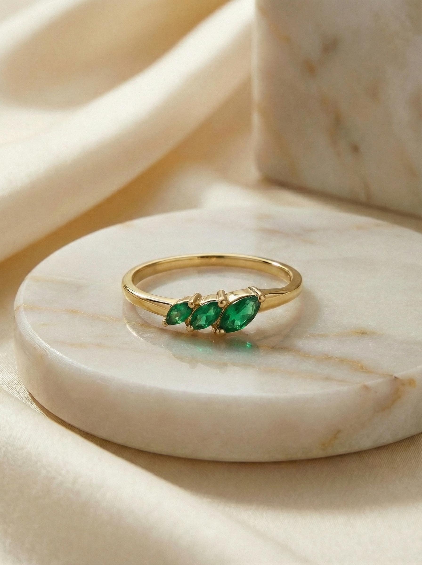Emerald Curved Wedding Band, Marquise May Birthstone Ring, 18K Gold Plated Stackable Bridal Band, Ring Enhancer for Her