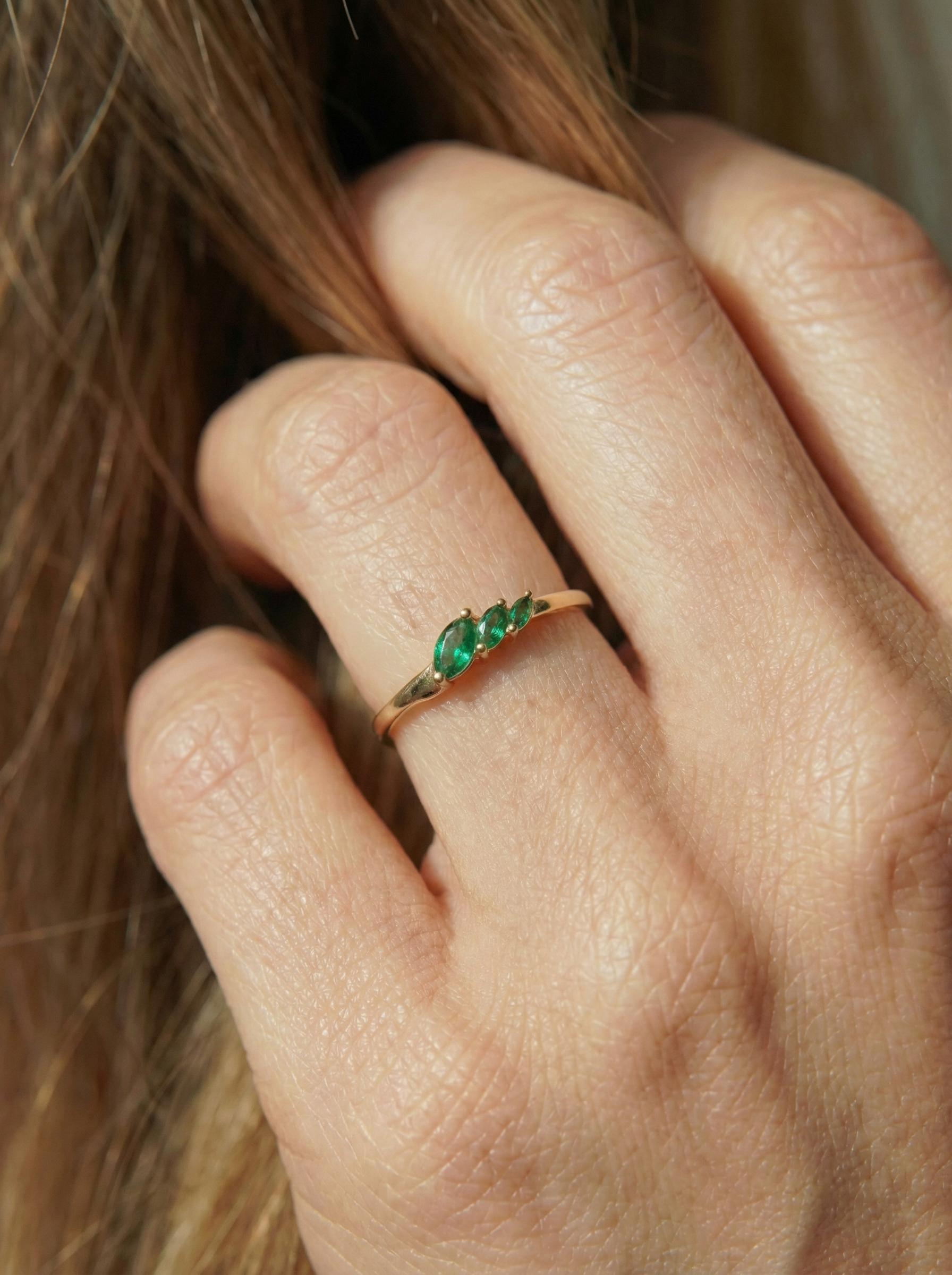 Emerald Curved Wedding Band, Marquise May Birthstone Ring, 18K Gold Plated Stackable Bridal Band, Ring Enhancer for Her
