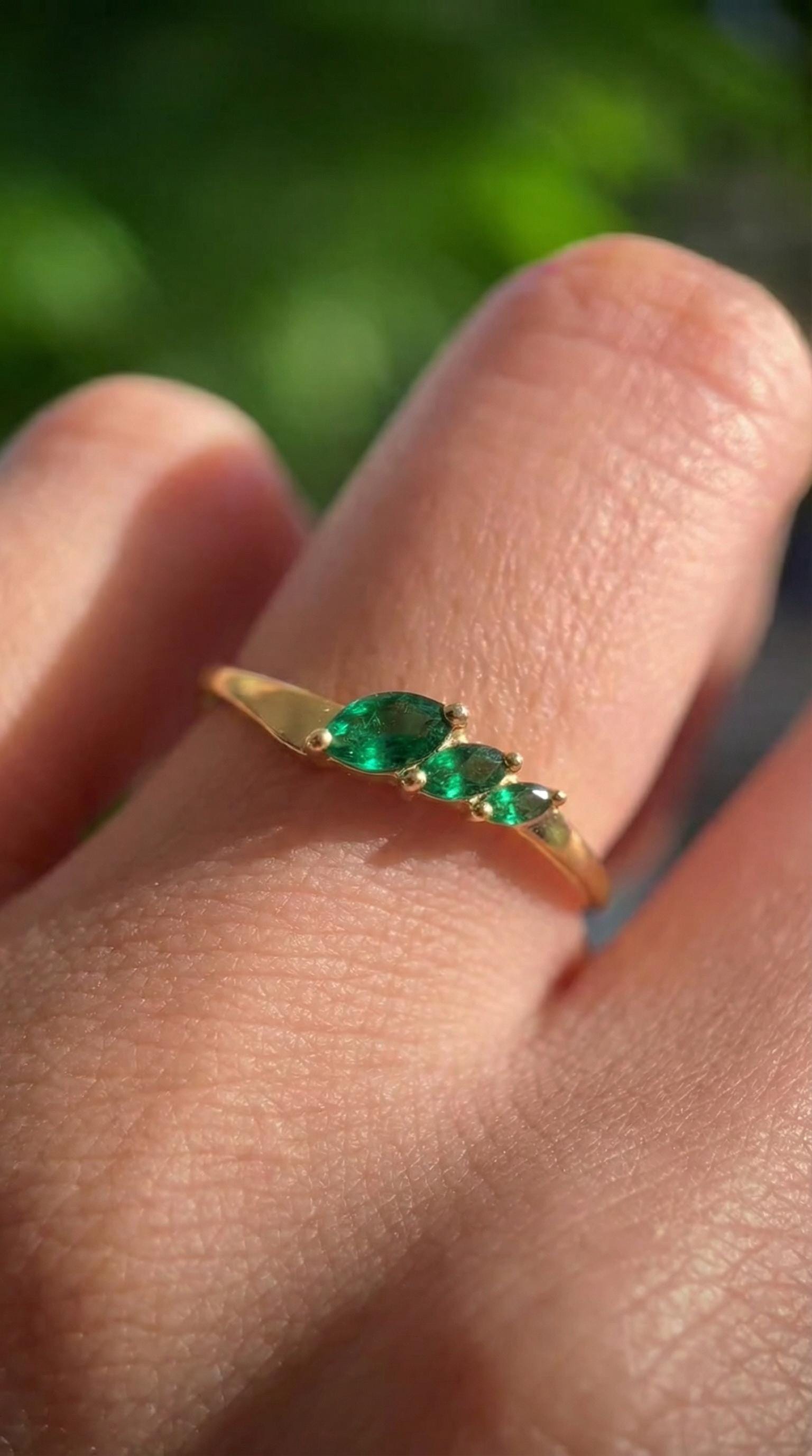 Emerald Curved Wedding Band, Marquise May Birthstone Ring, 18K Gold Plated Stackable Bridal Band, Ring Enhancer for Her