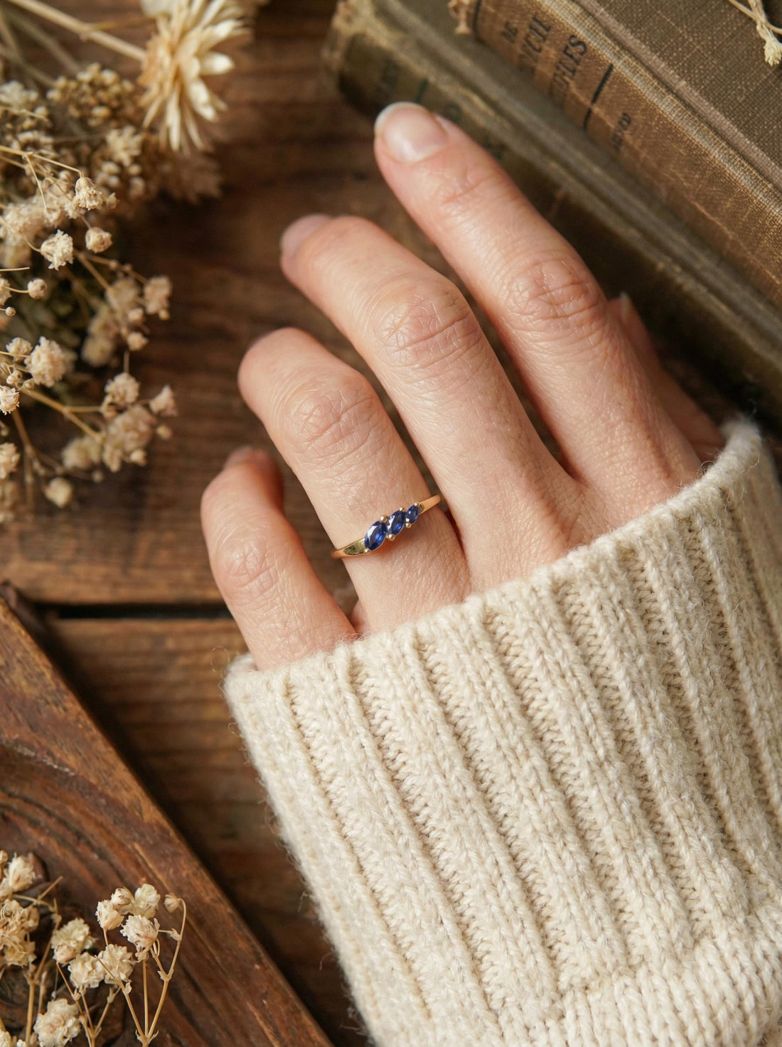 Blue Sapphire Curved Wedding Band, 18K Gold Plated Marquise Stacking Ring for Women, September Birthstone, Promise Ring Gift for Her