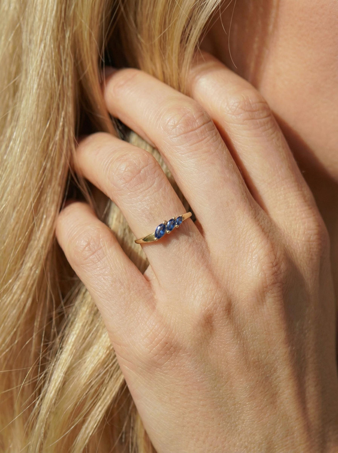Blue Sapphire Curved Wedding Band, 18K Gold Plated Marquise Stacking Ring for Women, September Birthstone, Promise Ring Gift for Her