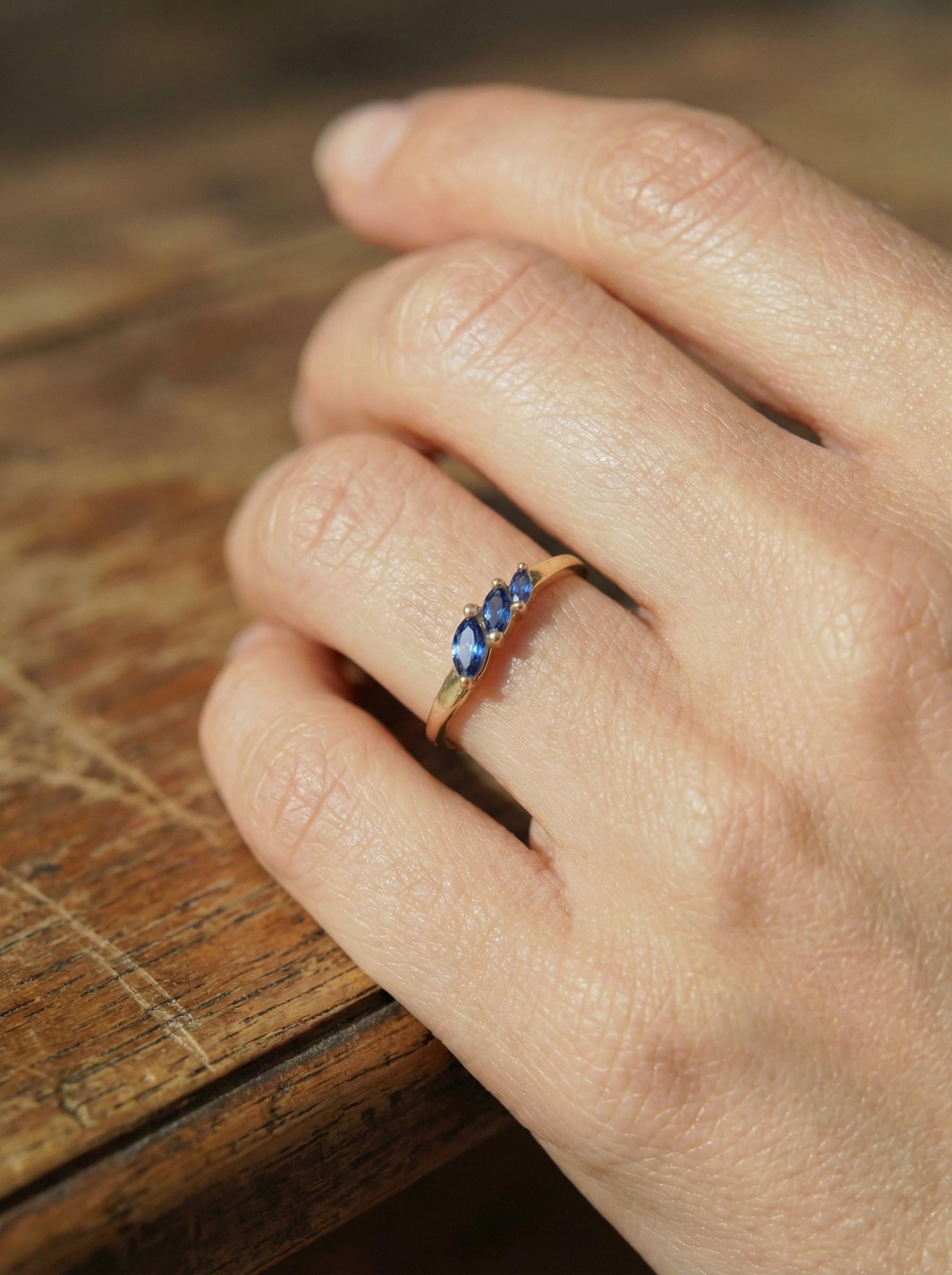 Blue Sapphire Curved Wedding Band, 18K Gold Plated Marquise Stacking Ring for Women, September Birthstone, Promise Ring Gift for Her