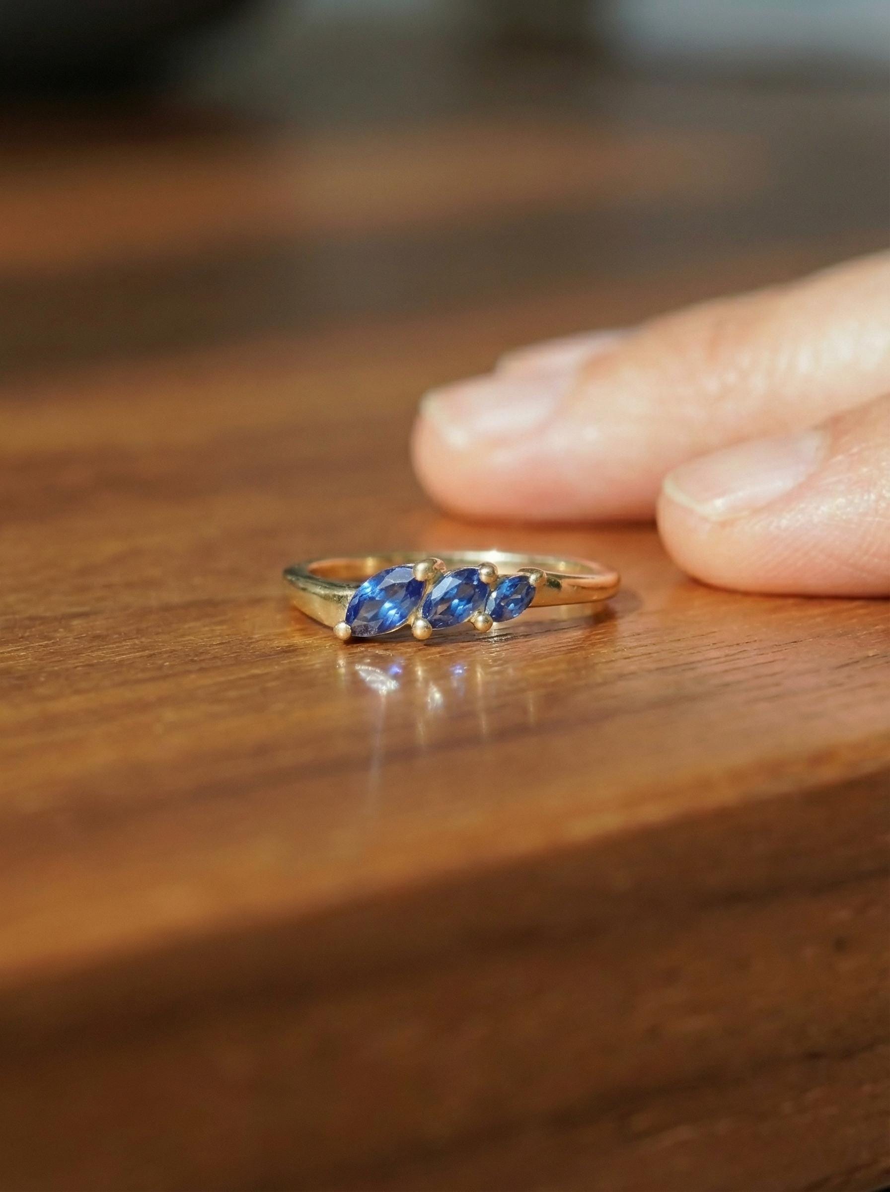 Blue Sapphire Curved Wedding Band, 18K Gold Plated Marquise Stacking Ring for Women, September Birthstone, Promise Ring Gift for Her