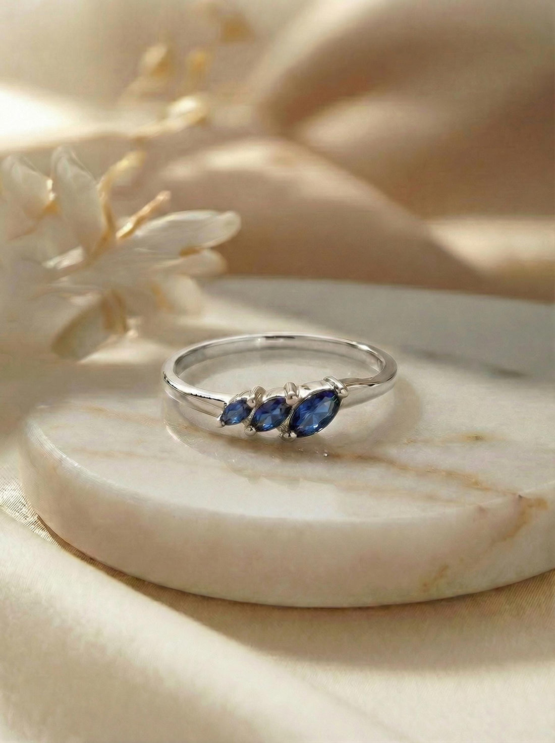 Blue Sapphire Curved Wedding Band, 18K Gold Plated Marquise Stacking Ring for Women, September Birthstone, Promise Ring Gift for Her
