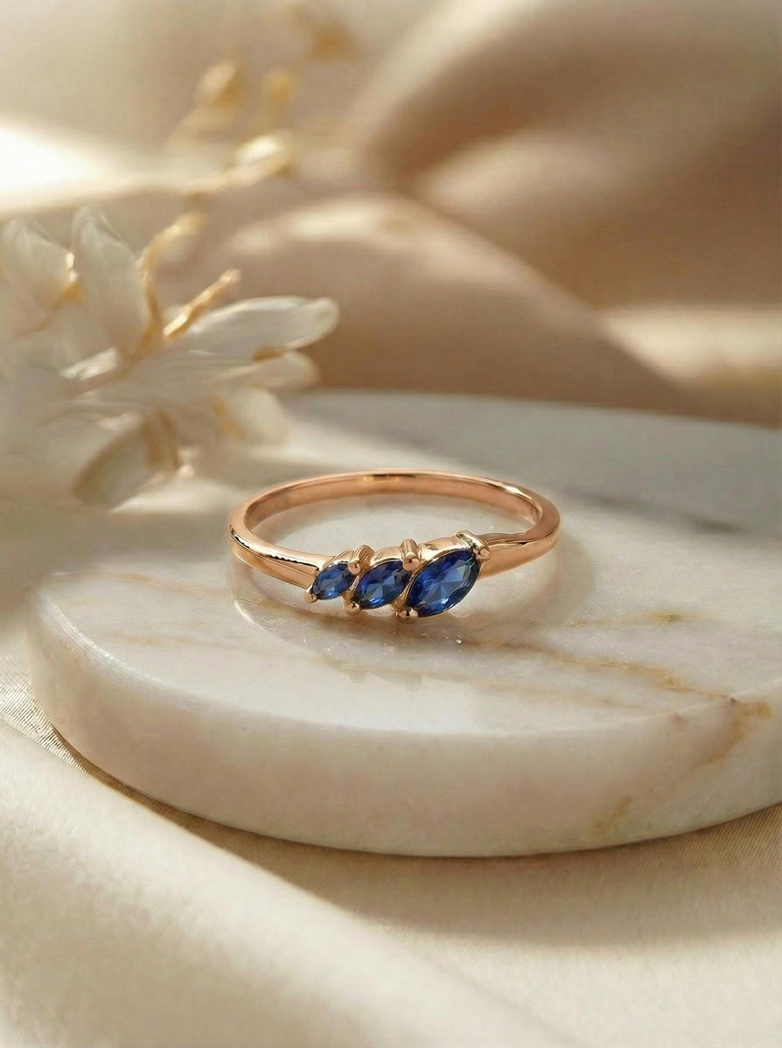 Blue Sapphire Curved Wedding Band, 18K Gold Plated Marquise Stacking Ring for Women, September Birthstone, Promise Ring Gift for Her