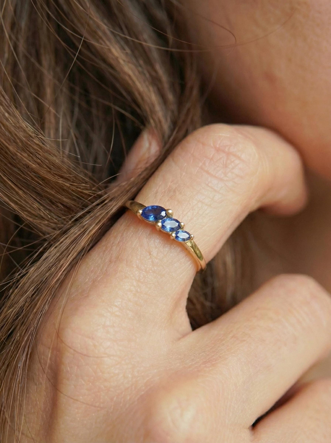 Blue Sapphire Curved Wedding Band, 18K Gold Plated Marquise Stacking Ring for Women, September Birthstone, Promise Ring Gift for Her