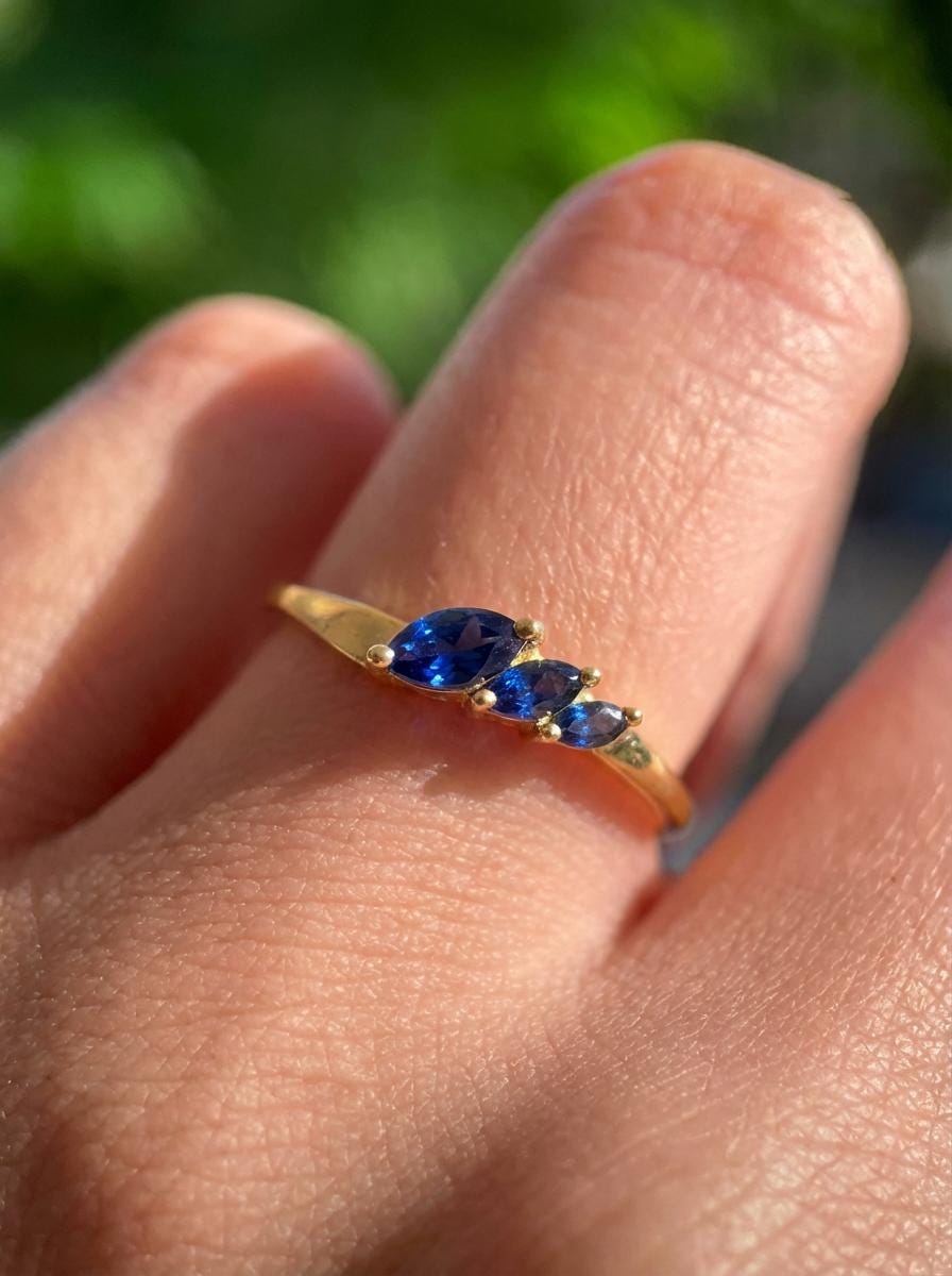 Blue Sapphire Curved Wedding Band, 18K Gold Plated Marquise Stacking Ring for Women, September Birthstone, Promise Ring Gift for Her