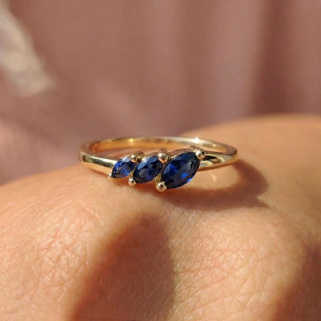 Blue Sapphire Curved Wedding Band, 18K Gold Plated Marquise Stacking Ring for Women, September Birthstone, Promise Ring Gift for Her