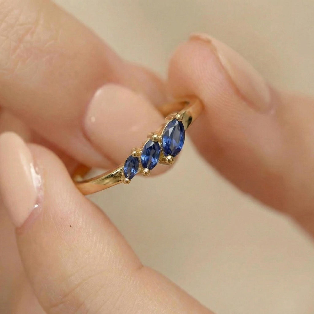 Blue Sapphire Curved Wedding Band, 18K Gold Plated Marquise Stacking Ring for Women, September Birthstone, Promise Ring Gift for Her
