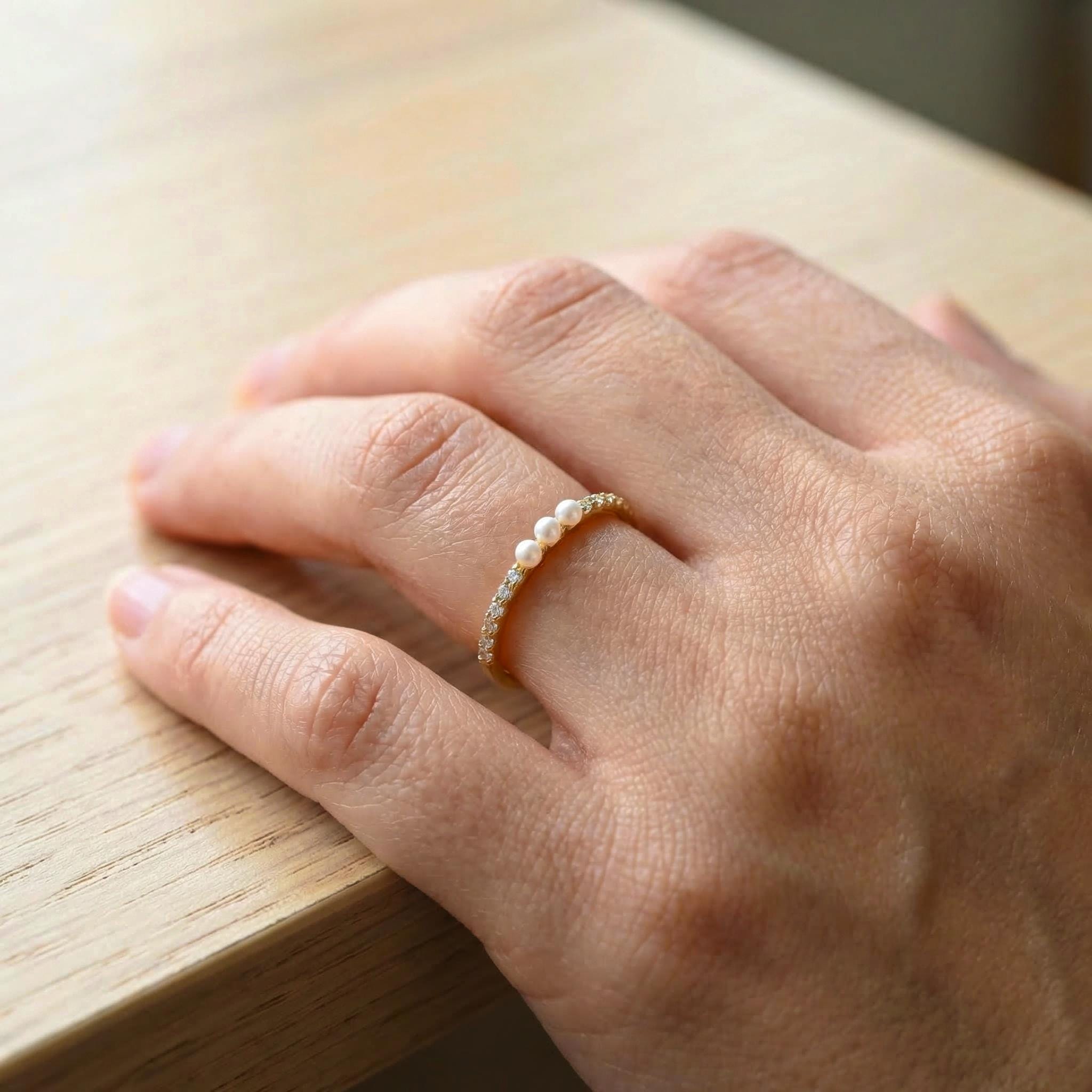 Dainty Pearl and Diamond Eternity Ring, 14K Gold Stacking Band, Delicate Gold Pearl Ring, Minimalist Anniversary Gift
