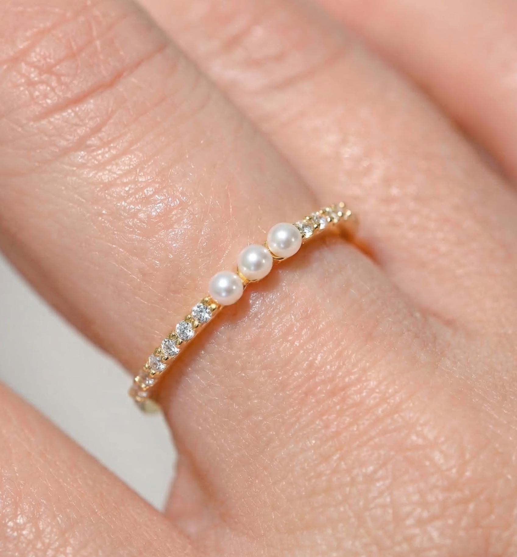 Dainty Pearl and Diamond Eternity Ring, 14K Gold Stacking Band, Delicate Gold Pearl Ring, Minimalist Anniversary Gift