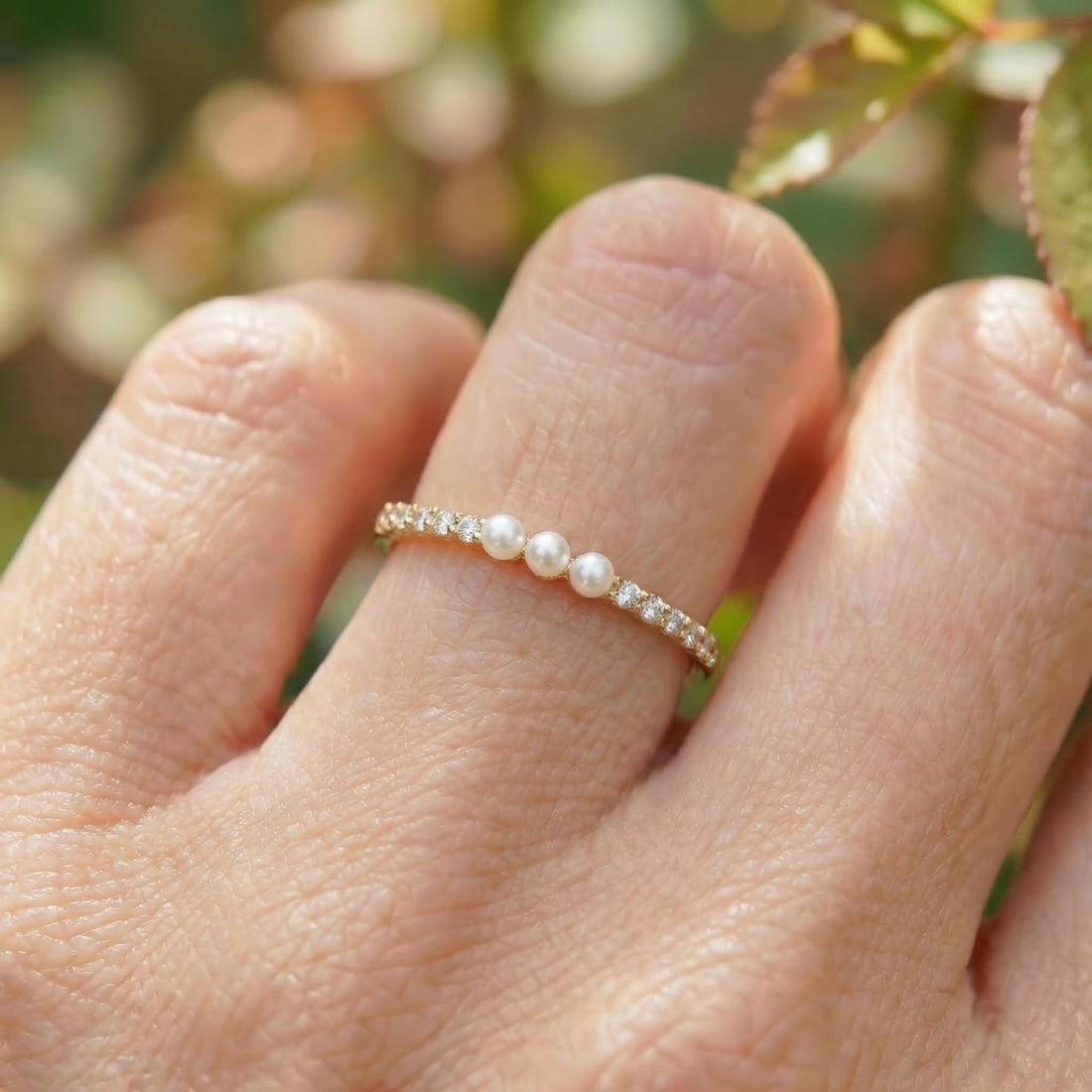 Dainty Pearl and Diamond Eternity Ring, 14K Gold Stacking Band, Delicate Gold Pearl Ring, Minimalist Anniversary Gift
