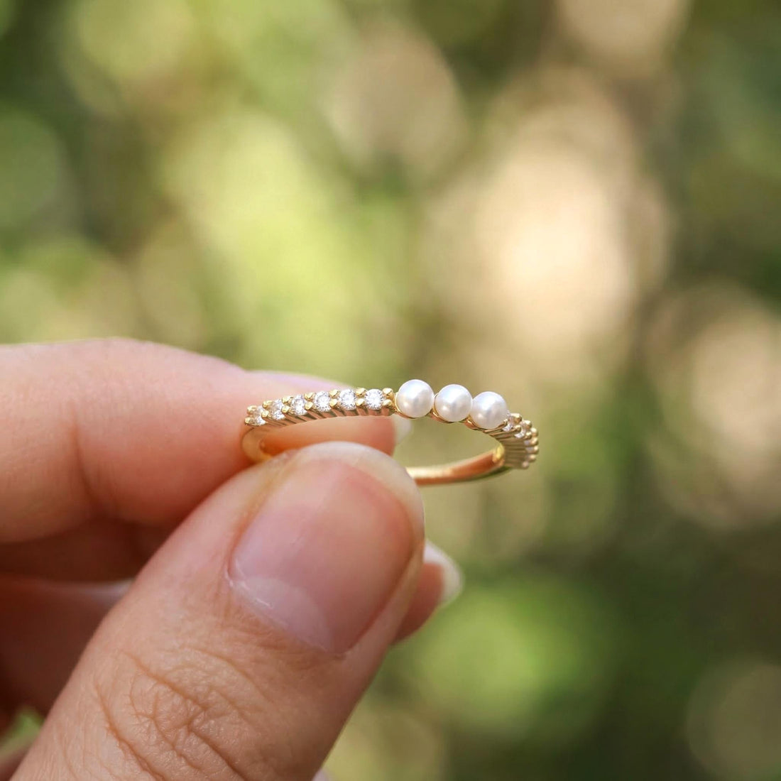 Dainty Pearl and Diamond Eternity Ring, 14K Gold Stacking Band, Delicate Gold Pearl Ring, Minimalist Anniversary Gift