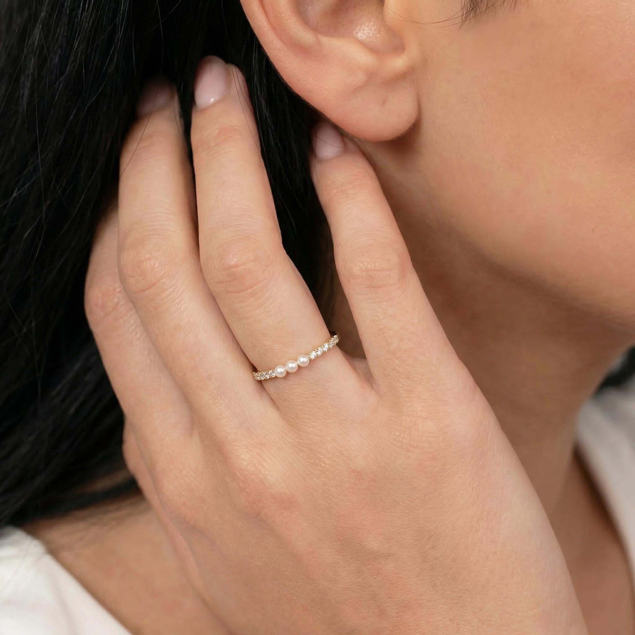 Dainty Pearl and Diamond Eternity Ring, 14K Gold Stacking Band, Delicate Gold Pearl Ring, Minimalist Anniversary Gift