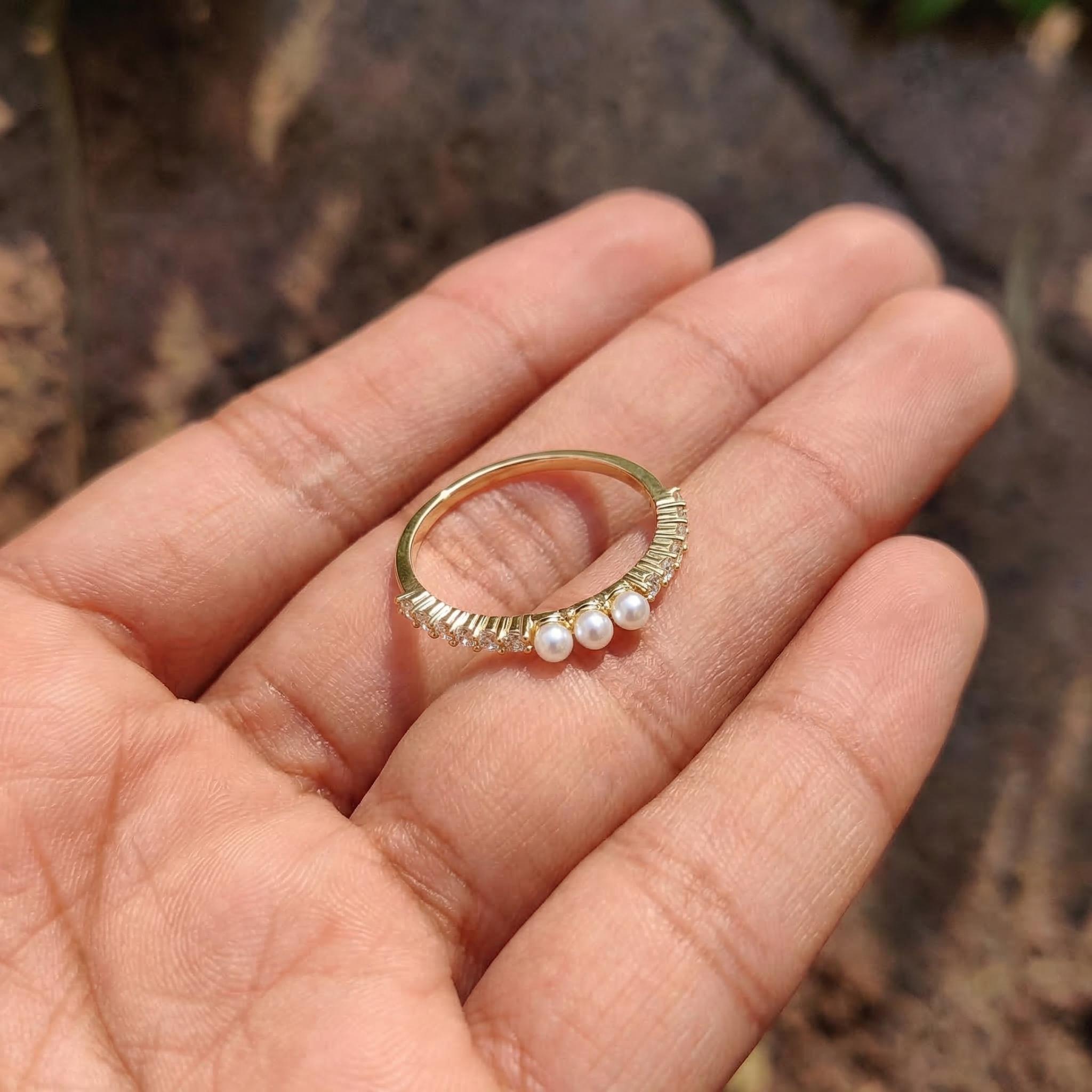 Dainty Pearl and Diamond Eternity Ring, 14K Gold Stacking Band, Delicate Gold Pearl Ring, Minimalist Anniversary Gift