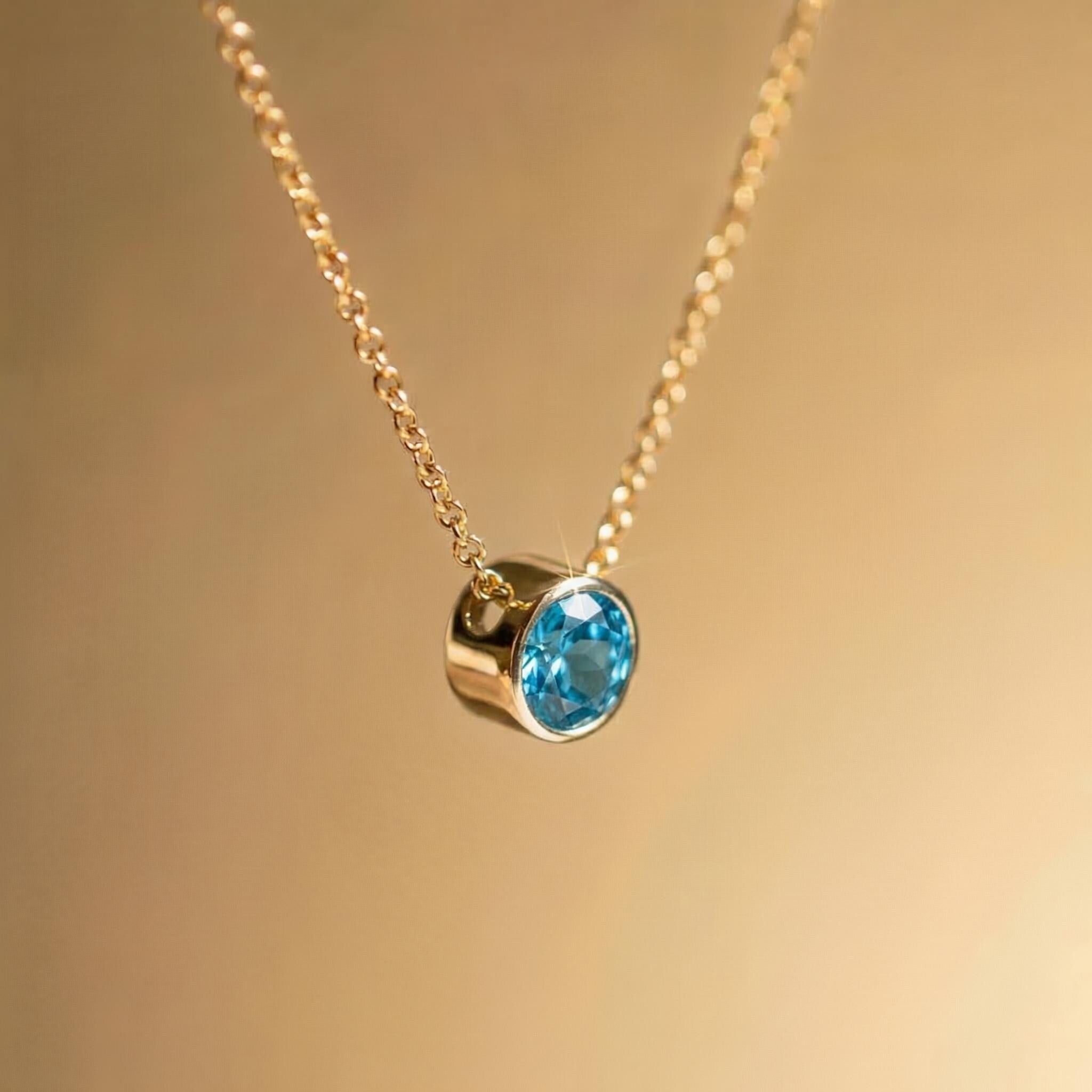Dainty Gold Blue Topaz Bezel Necklace | Minimalist Solitaire Gemstone Pendant | Everyday Layering Jewelry | December Birthstone Gift for Her
