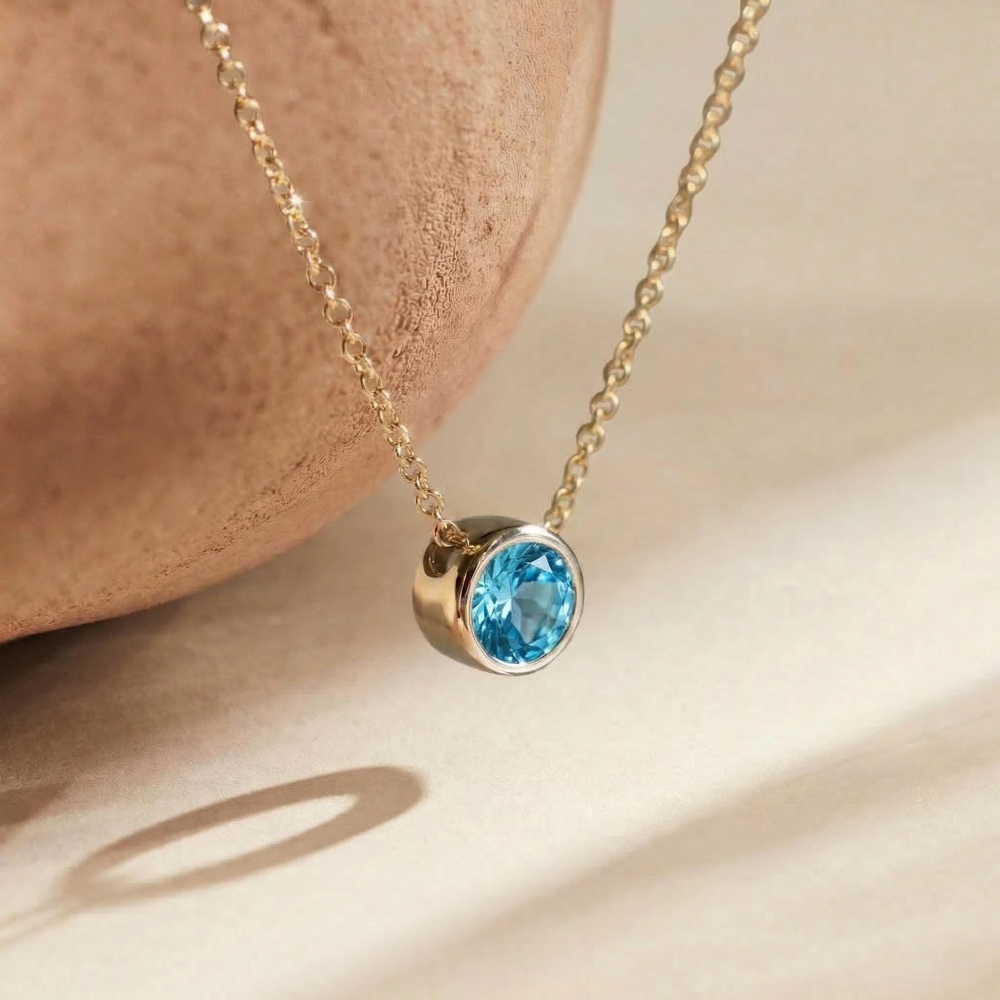 Dainty Gold Blue Topaz Bezel Necklace | Minimalist Solitaire Gemstone Pendant | Everyday Layering Jewelry | December Birthstone Gift for Her