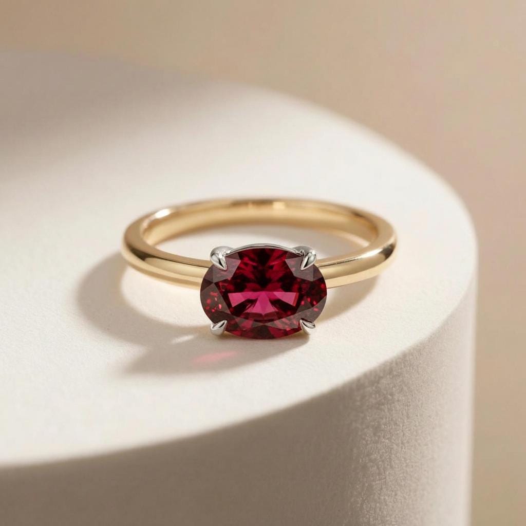 2.0 CT East West Oval Cut Garnet Engagement Ring, Yellow Gold Vermeil Two Tone Ring, Dainty Travel Engagement Ring