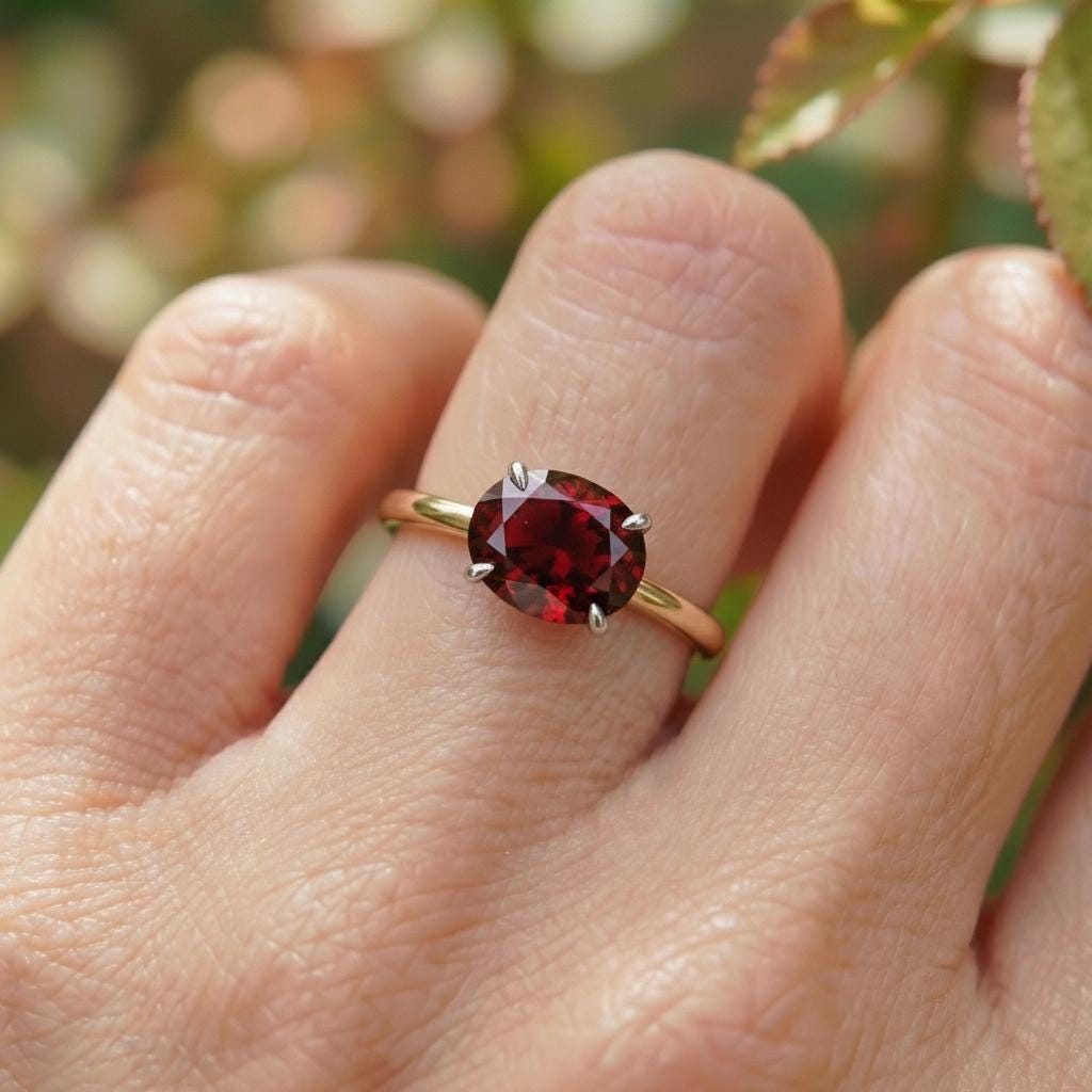 2.0 CT East West Oval Cut Garnet Engagement Ring, Yellow Gold Vermeil Two Tone Ring, Dainty Travel Engagement Ring