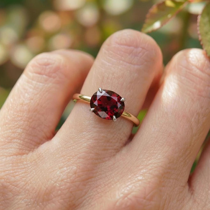 2.0 CT East West Oval Cut Garnet Engagement Ring, Yellow Gold Vermeil Two Tone Ring, Dainty Travel Engagement Ring