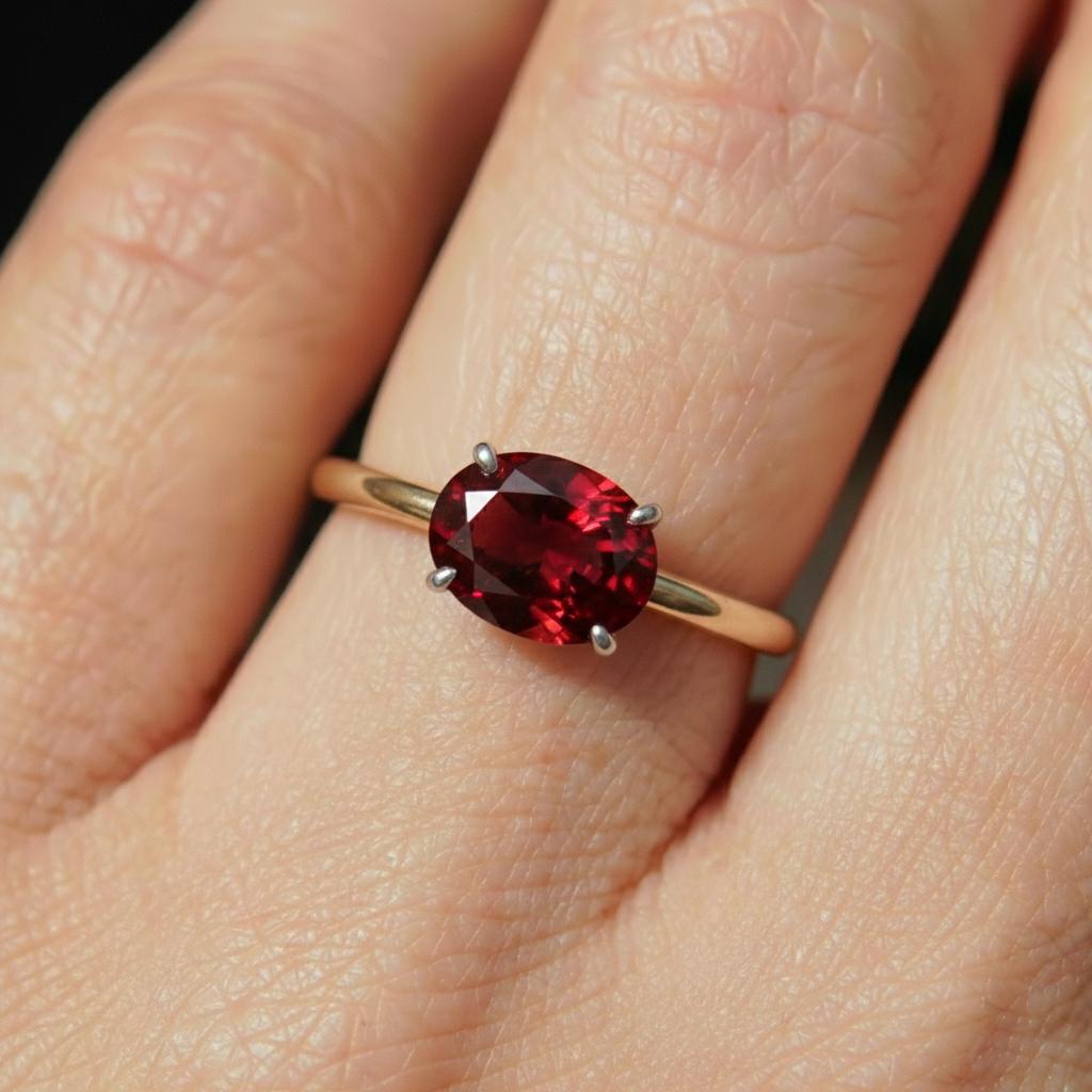 2.0 CT East West Oval Cut Garnet Engagement Ring, Yellow Gold Vermeil Two Tone Ring, Dainty Travel Engagement Ring