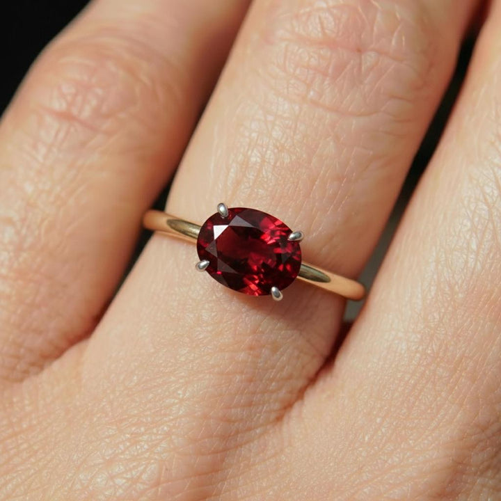 2.0 CT East West Oval Cut Garnet Engagement Ring, Yellow Gold Vermeil Two Tone Ring, Dainty Travel Engagement Ring