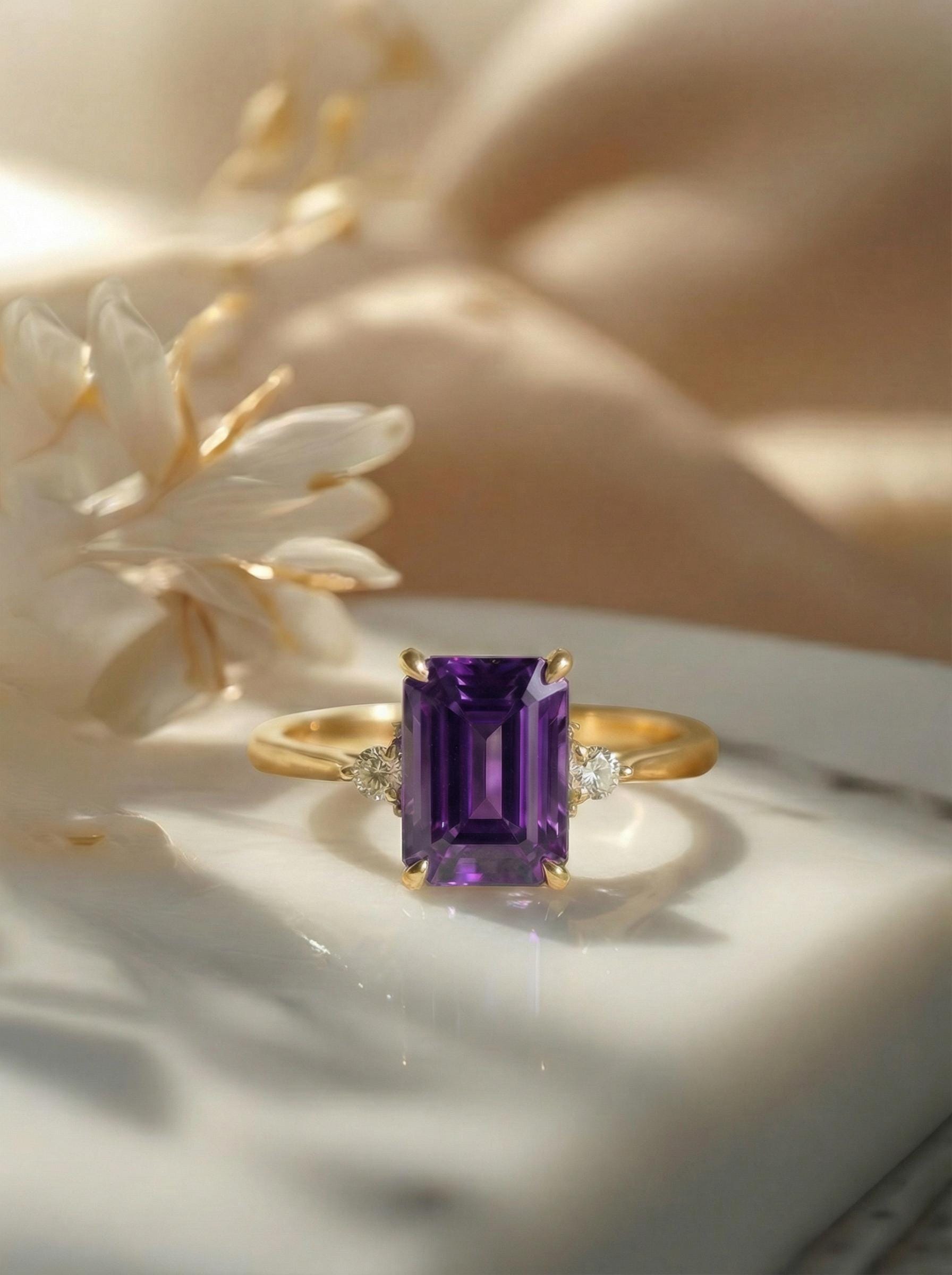 1.75ct Amethyst Ring, Emerald Cut Amethyst Ring, 14K Gold Statement Ring, Certified Stone Ring, February Birthstone