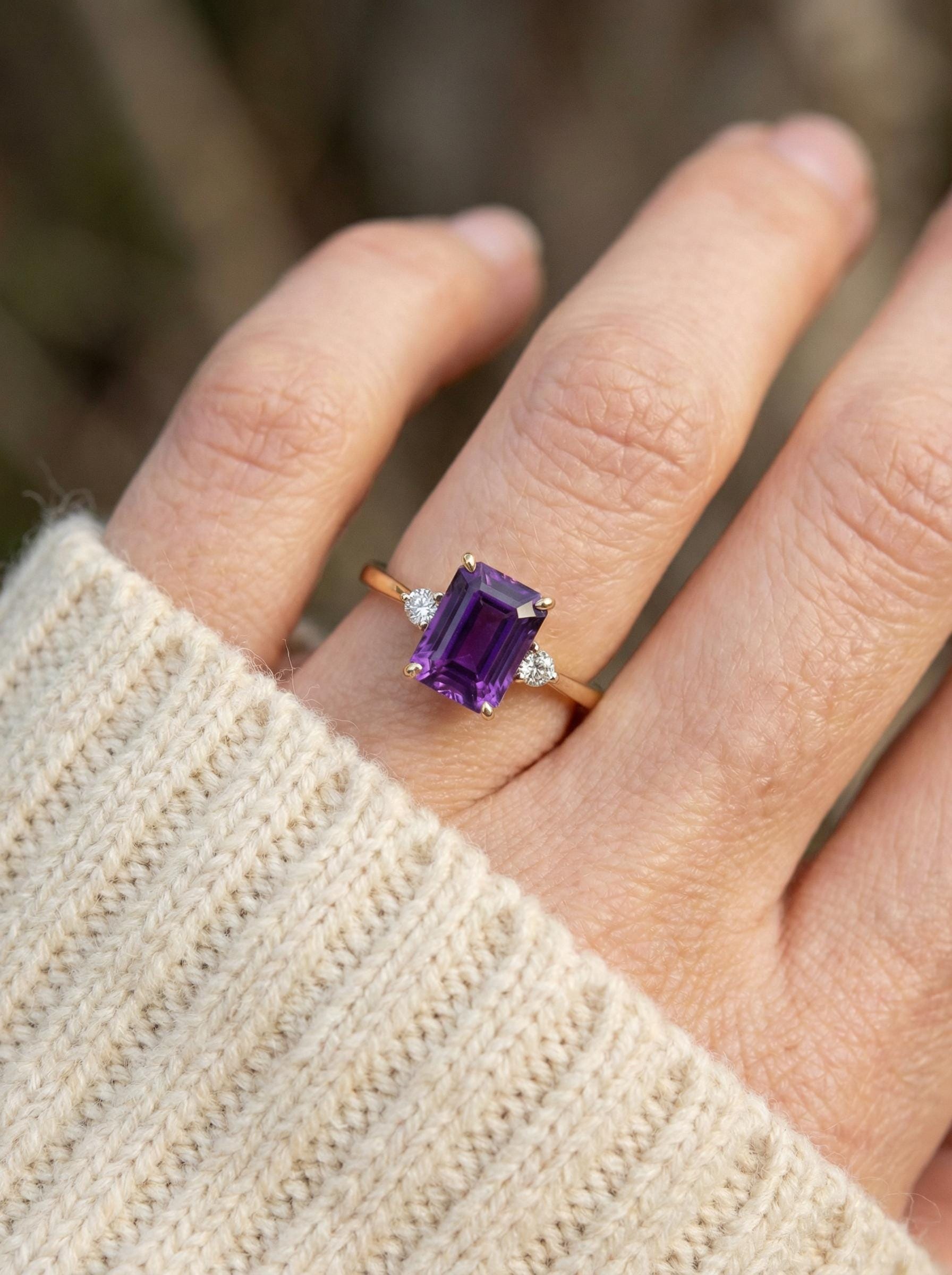 1.75ct Amethyst Ring, Emerald Cut Amethyst Ring, 14K Gold Statement Ring, Certified Stone Ring, February Birthstone