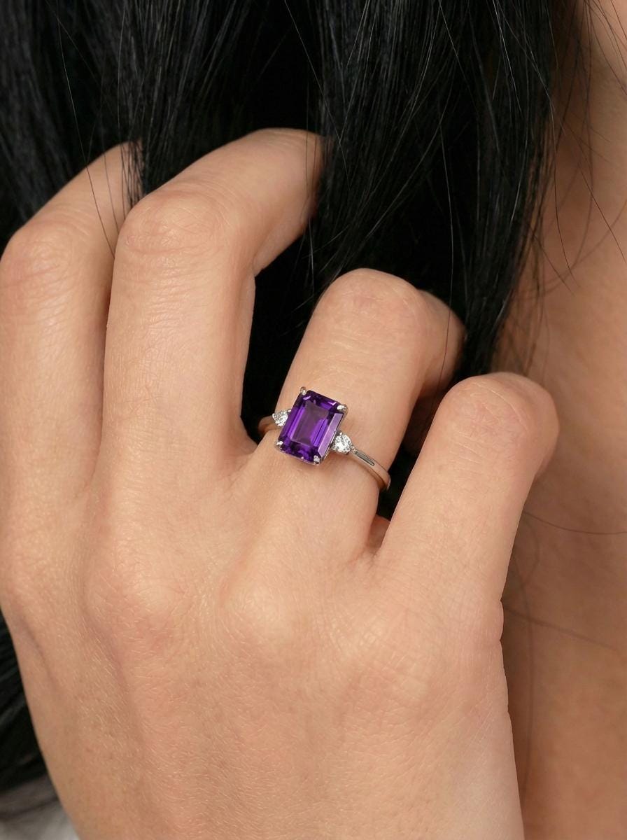 1.75ct Amethyst Ring, Emerald Cut Amethyst Ring, 14K Gold Statement Ring, Certified Stone Ring, February Birthstone