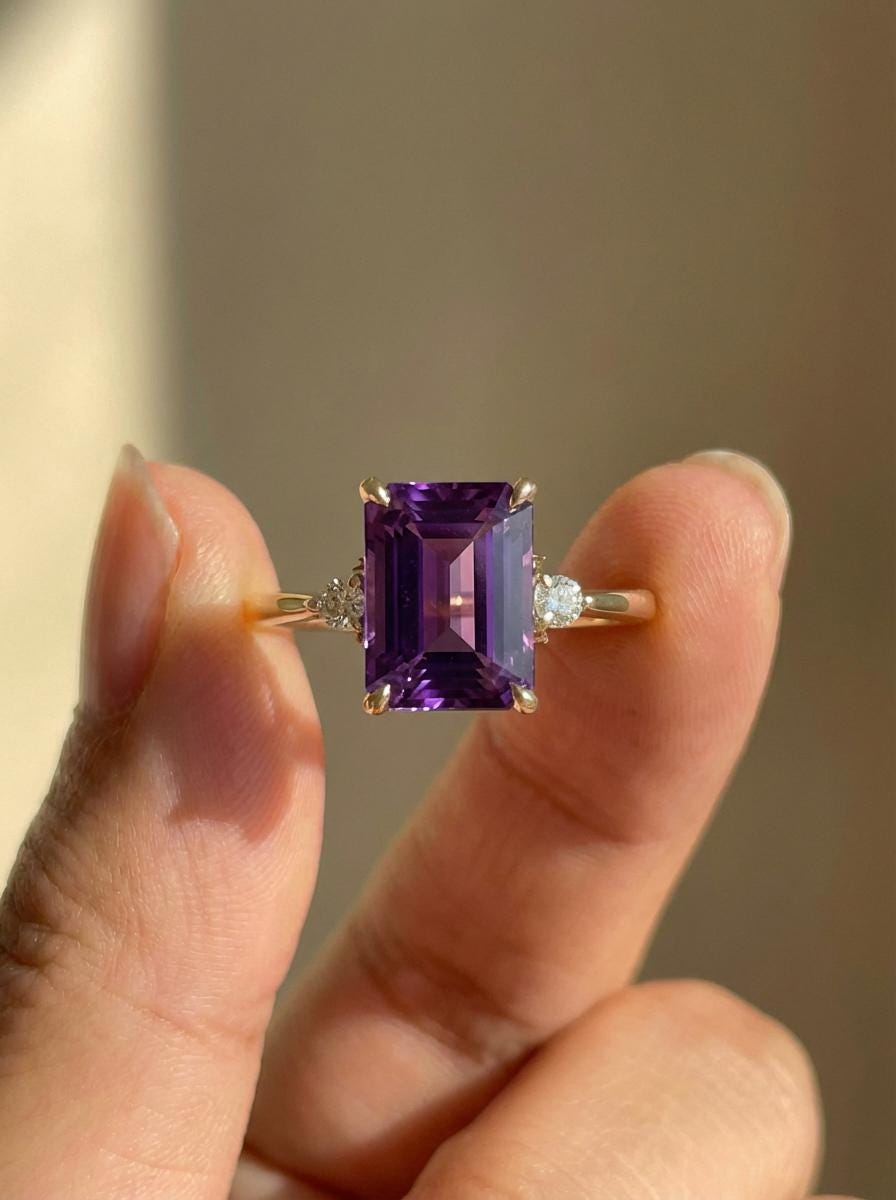 1.75ct Amethyst Ring, Emerald Cut Amethyst Ring, 14K Gold Statement Ring, Certified Stone Ring, February Birthstone